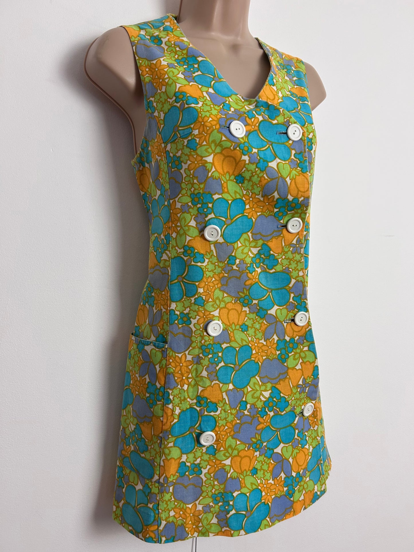 Vintage 1960s UK Size 8 Cute Blue Orange White & Green Floral Print Double Breasted Mini Mod Shift Dress