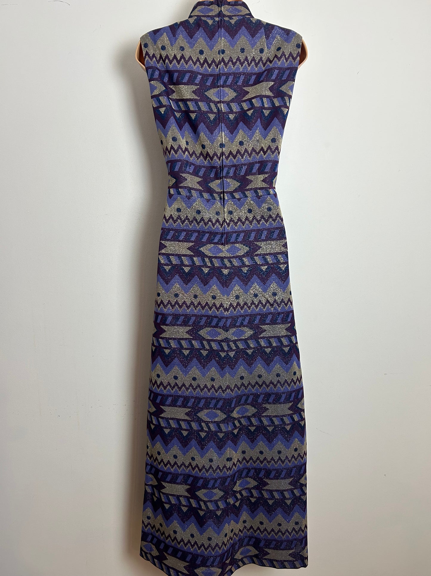 Vintage 1970s Size 12 Purple & Silver Tones Abstract Print Lurex Evening Maxi Dress