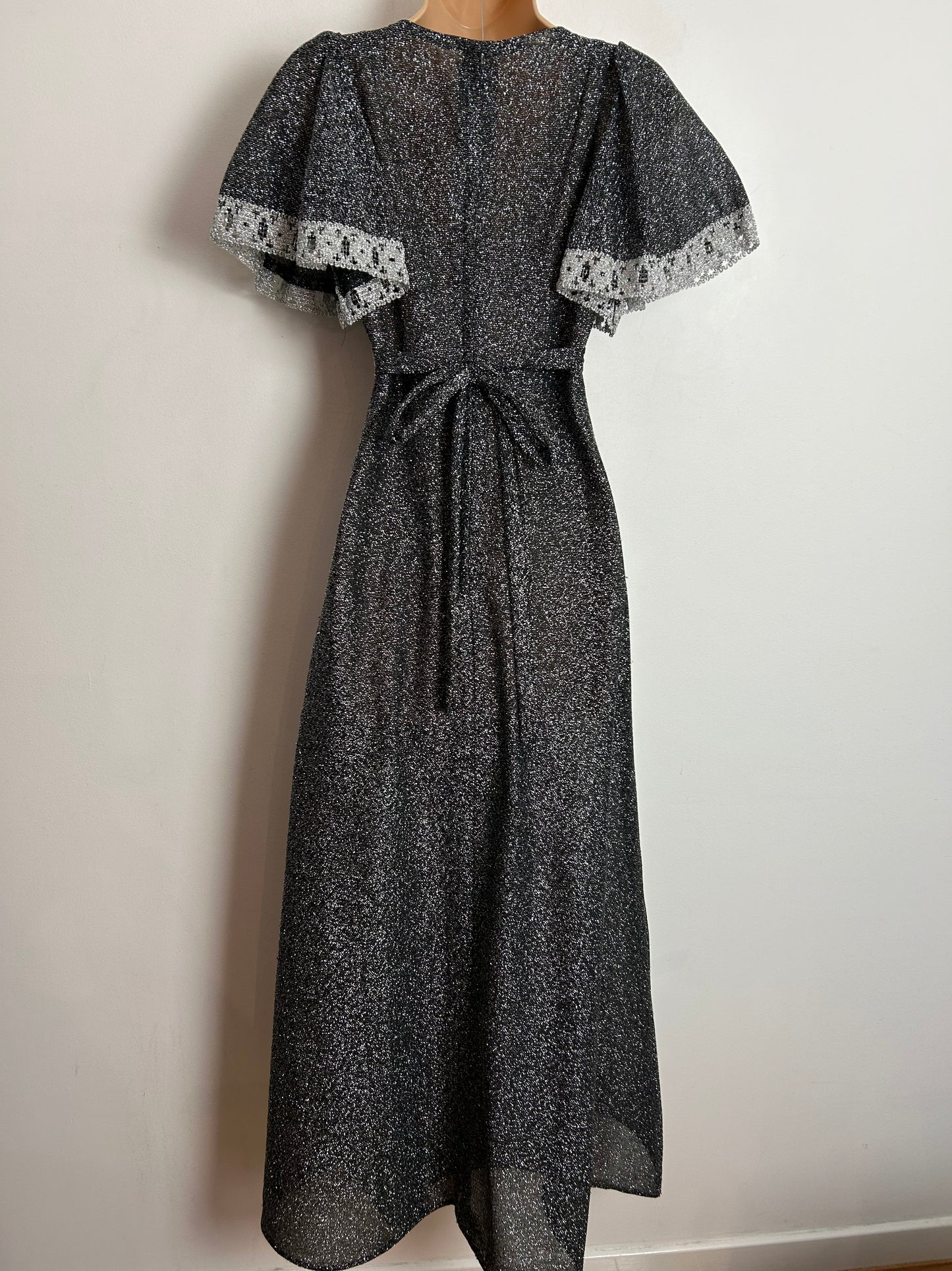 Vintage 1970s RICHARD SHOPS UK Size 6 Black & Silver Lurex Lace Trim Short Flared Sleeve Evening Maxi Dress