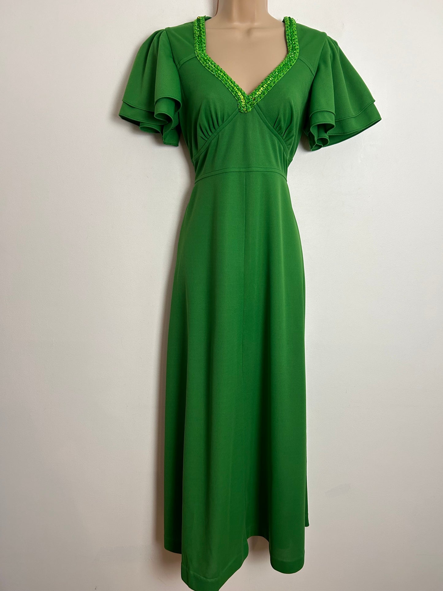 Vintage 1970s UK Size 10 Green Sequin Detail Short Layered Flared Sleeve Tie Back Boho Maxi Dress
