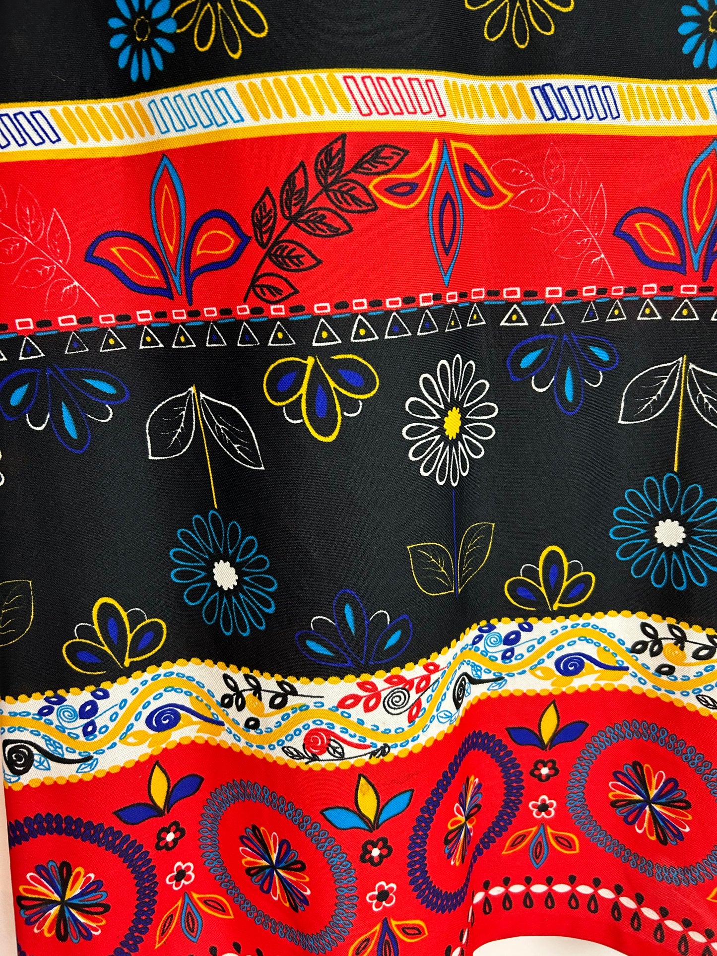 Vintage 1970s UK Size 10 Black White Yellow Blue & Red Floral Print Short Sleeve Tie Back Maxi Dress