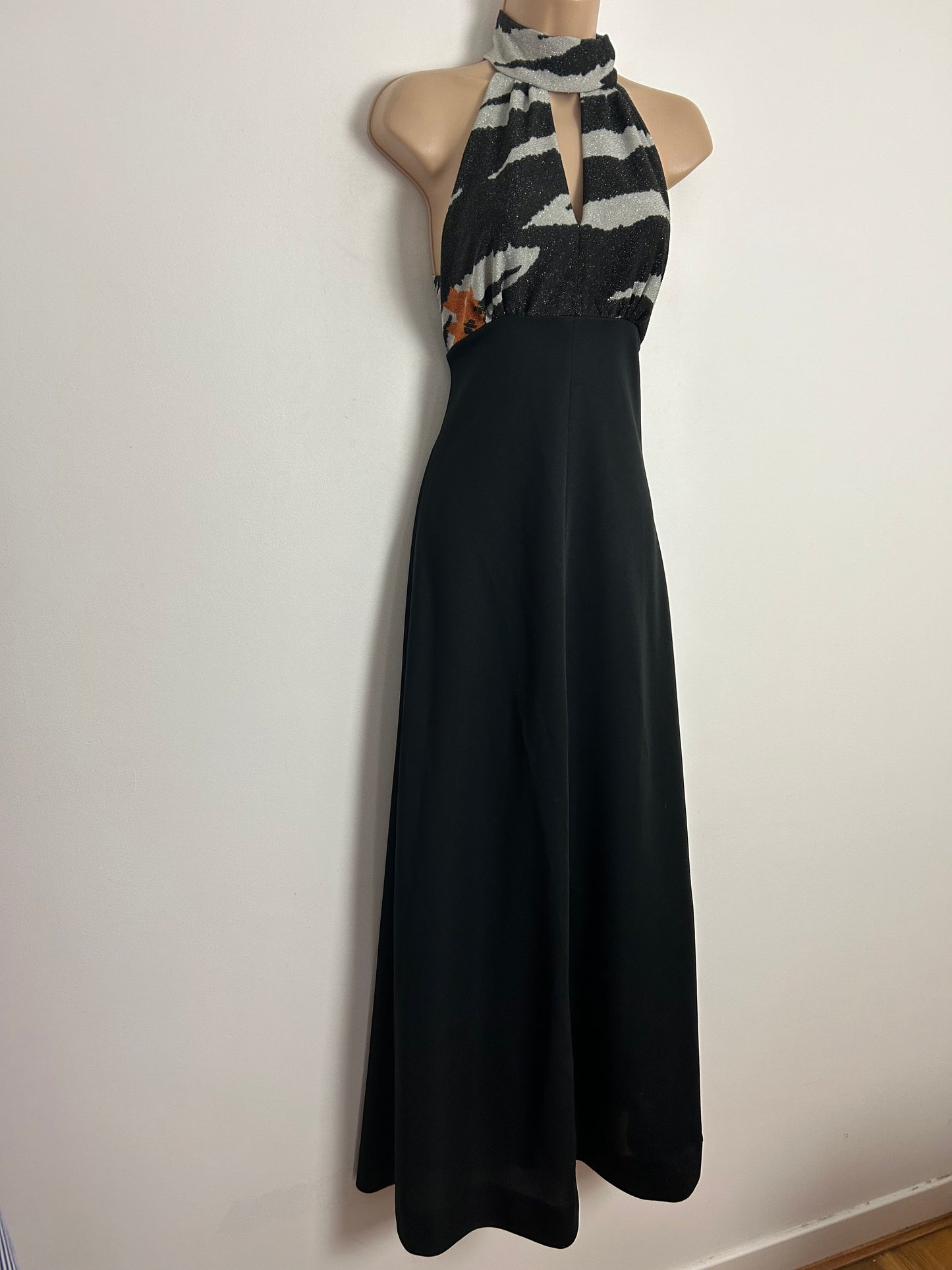 Vintage 1970s MORTIMER UK Size 8-10 Black & Silver Zebra Stripe Lurex Bodice Halter Neck Cut Out Occasion Maxi Dress