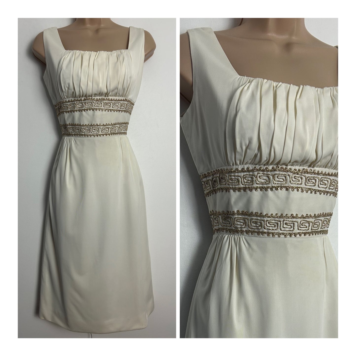 Vintage Early 1960s BLANES Size 6-8 Cream & Gold Greek Key Braid Pattern Summer Occasion Party Dress