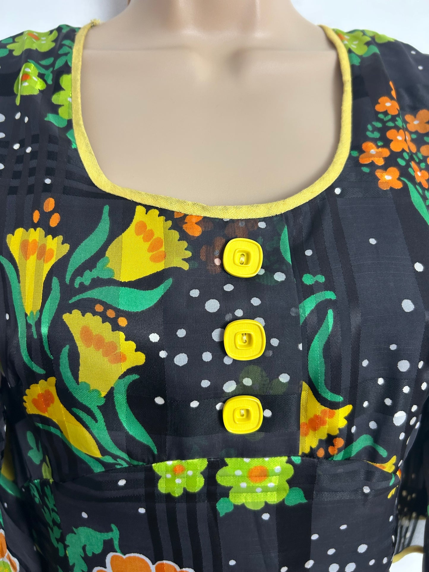 Vintage 1970s Size 8 Black Yellow Orange & Green Floral & Polka Dot Print Short Flared Sleeve Maxi Dress