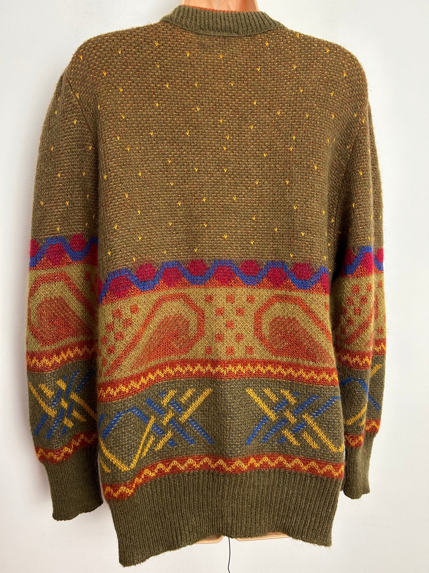 Vintage 1980s One Size Up To Size 16/18 Olive Green Rusty Brown & Orange Abstract Pattern Mohair Mix Cardigan