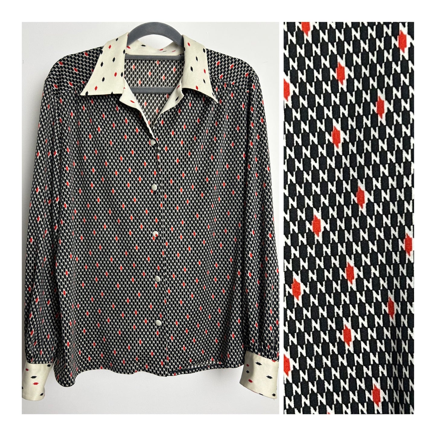 Vintage 1970s Size 16 Black Cream & Red Abstract Check Print Long Sleeve Collared Shirt