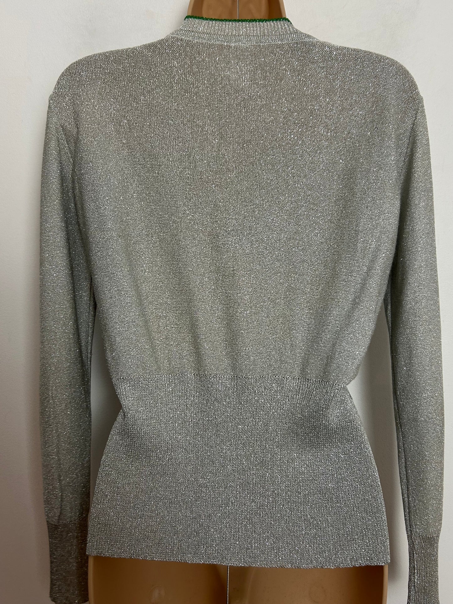 Vintage 1970s UK Size 10-12 Silver Green & Black Stripe Lurex Long Sleeve Top