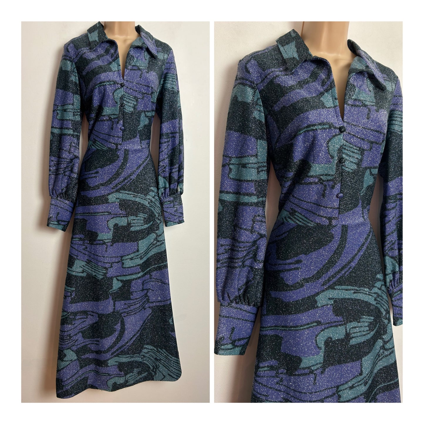 Vintage 1970s UK Size 10-12 Dark Grey Silver & Purple Lurex Abstract Print Long Sleeve Occasion Evening Maxi Dress