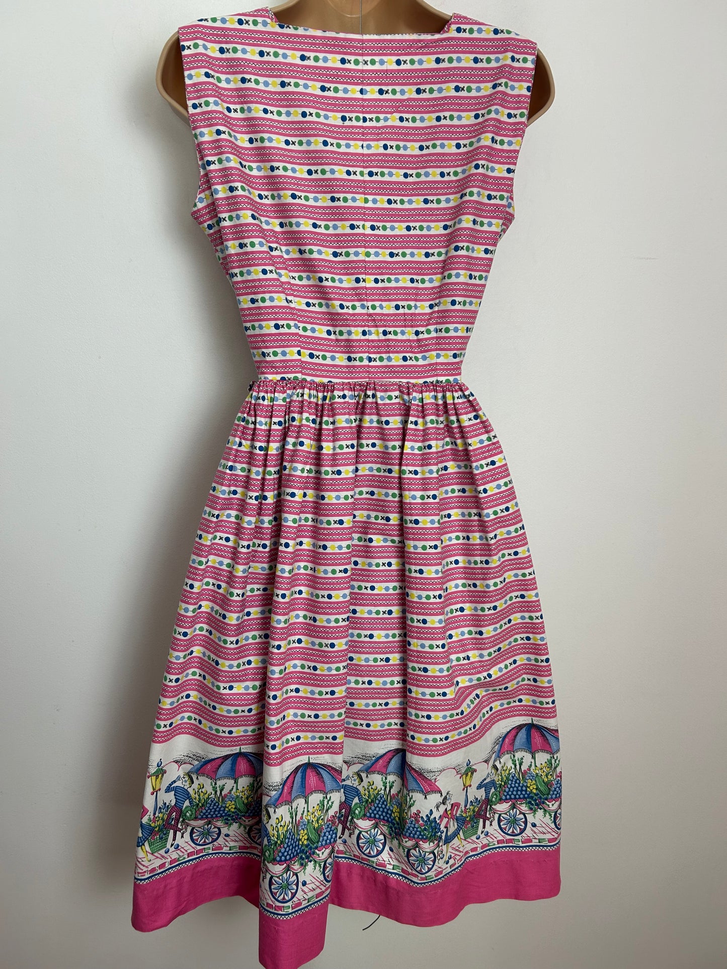 Vintage Late 1950s Early 1960s Size 8 Pink White & Blue Spot Stripe & Flower Stall Novelty Print Cotton Summer Day Dress