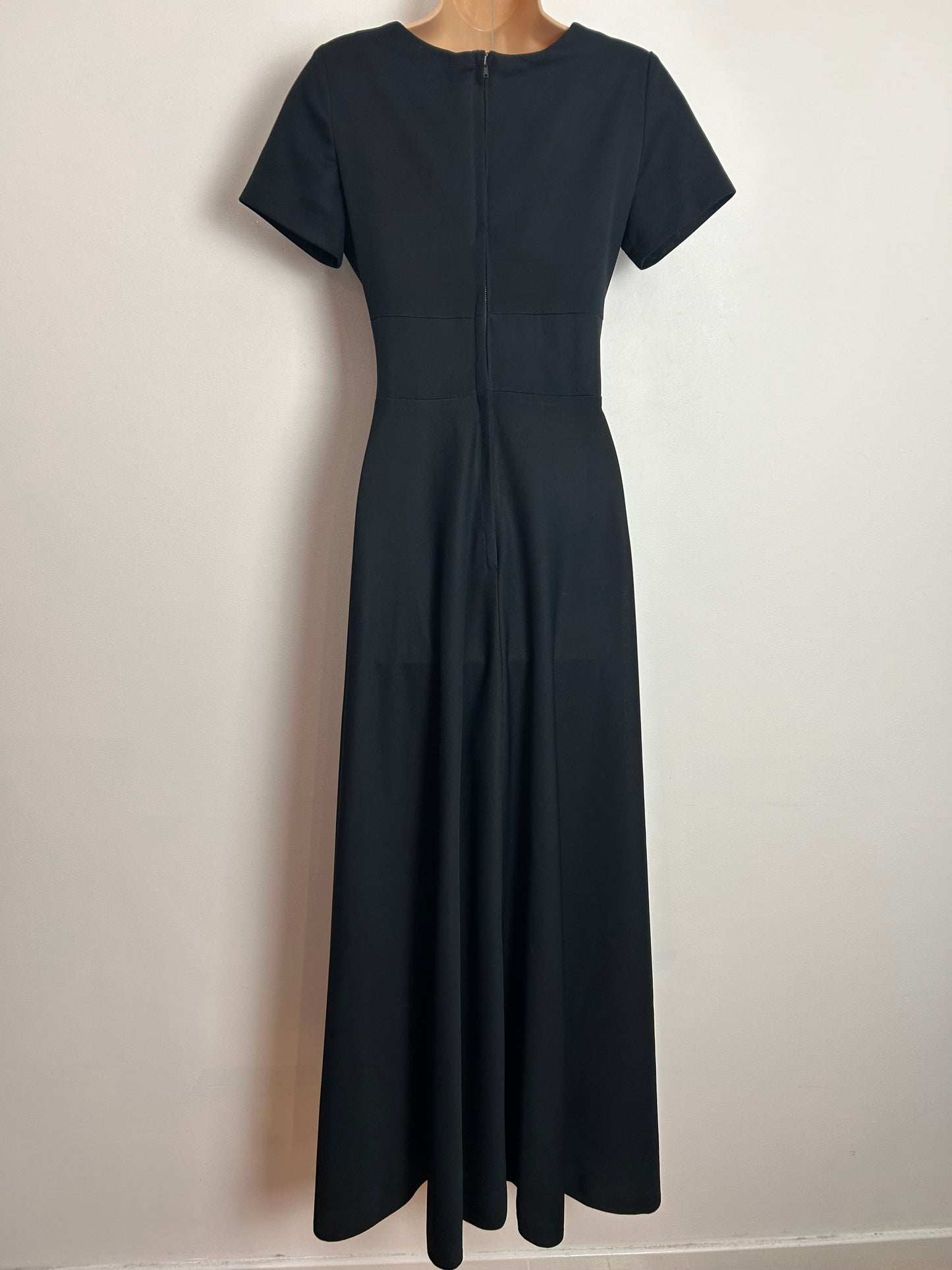 Vintage 1970s BERKERTEX UK Size 10 Black & Silver Lurex Panel Short Sleeve Pleated Occasion Evening Maxi Dress