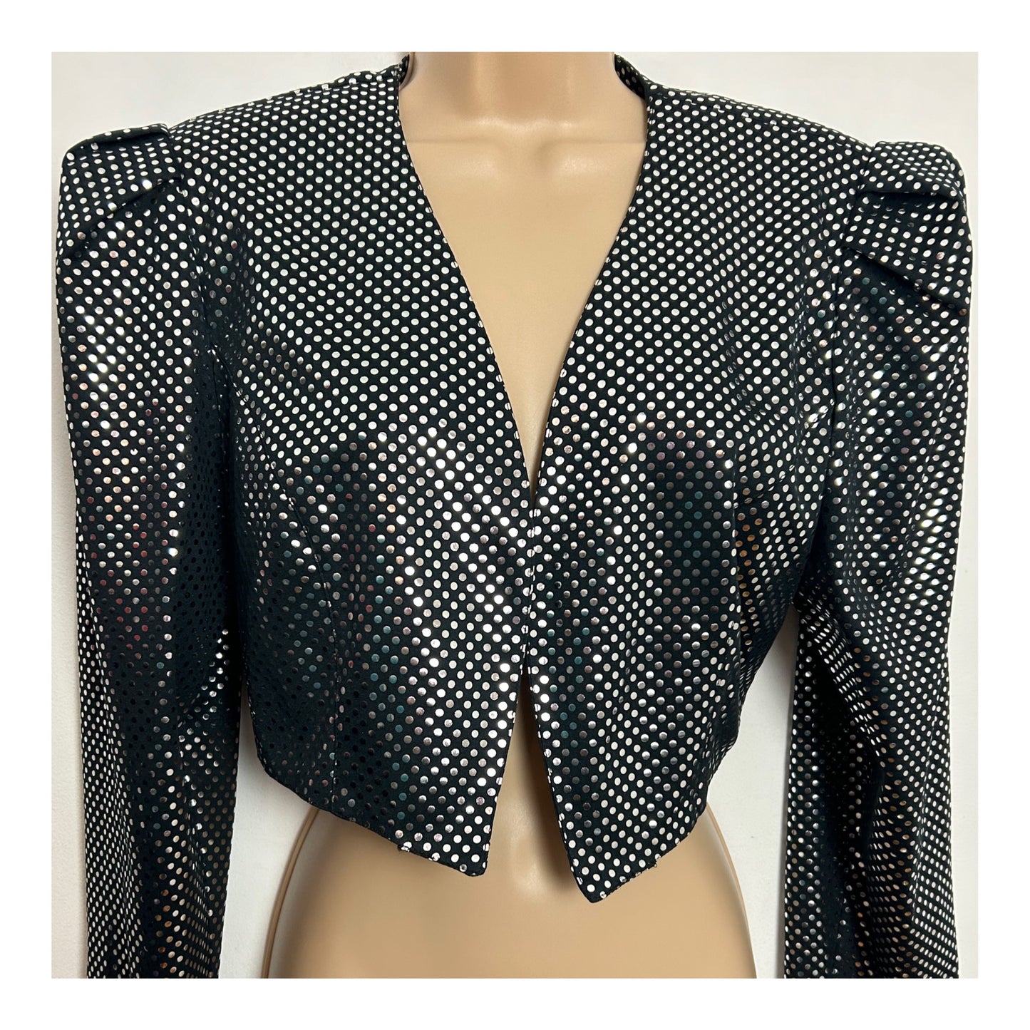 Vintage 1980s PM STYLE UK Size 12-14 Black & Metallic Silver Polka Dots Long Sleeve Bolero Cover Up
