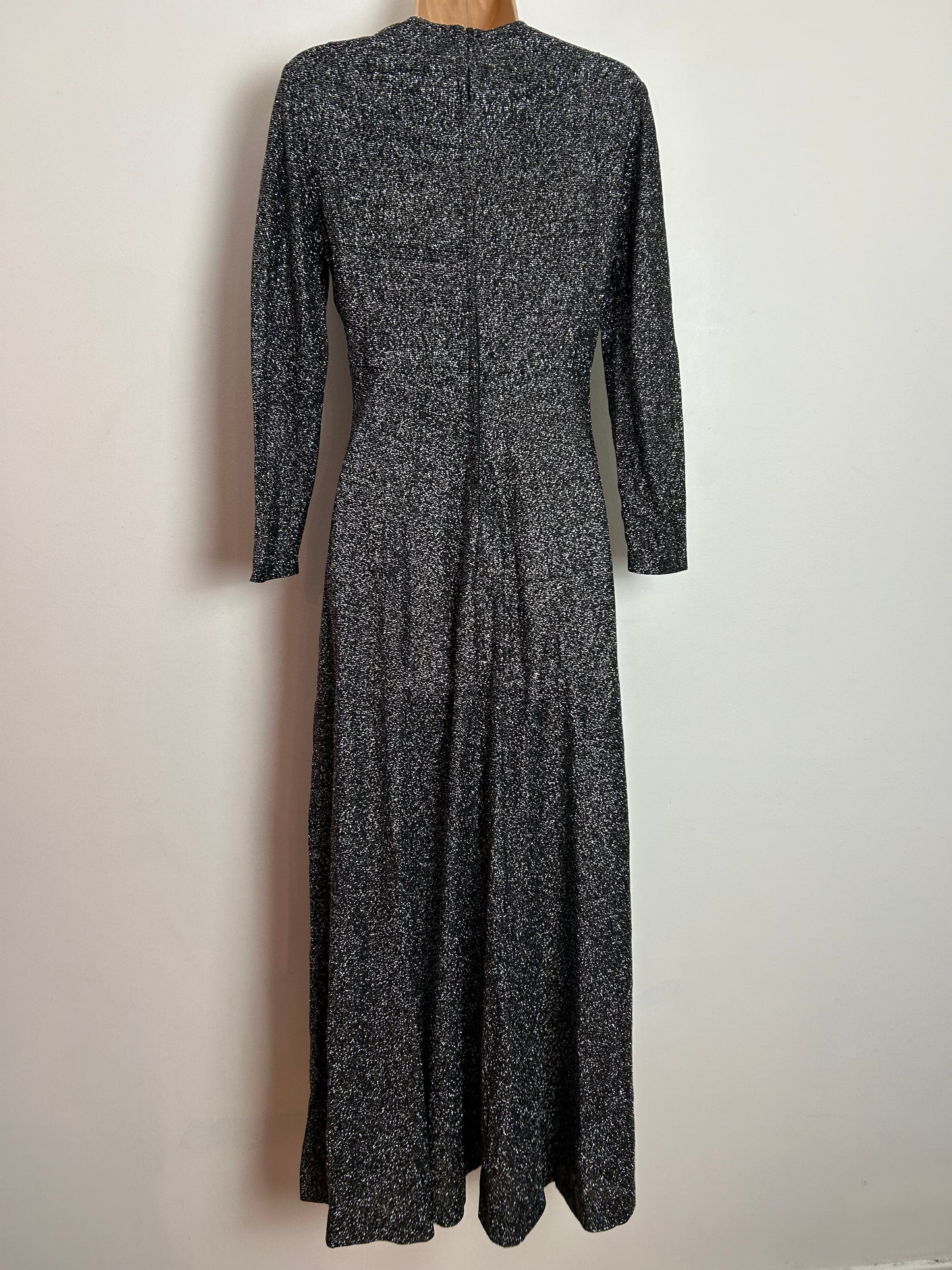 Vintage 1970s UK Size 8 Black & Silver Glittery Lurex Long Sleeve Notch Neck Occasion Maxi Dress