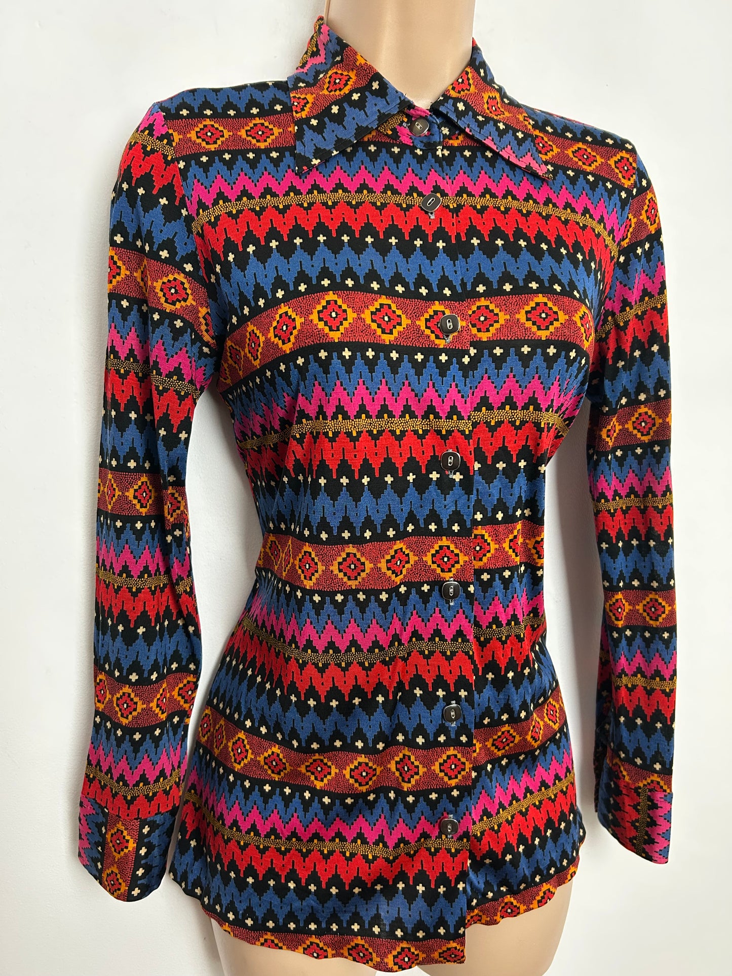 Vintage 1970s Size 8-10 Blue Red & Pink Abstract Print Long Sleeve Shirt