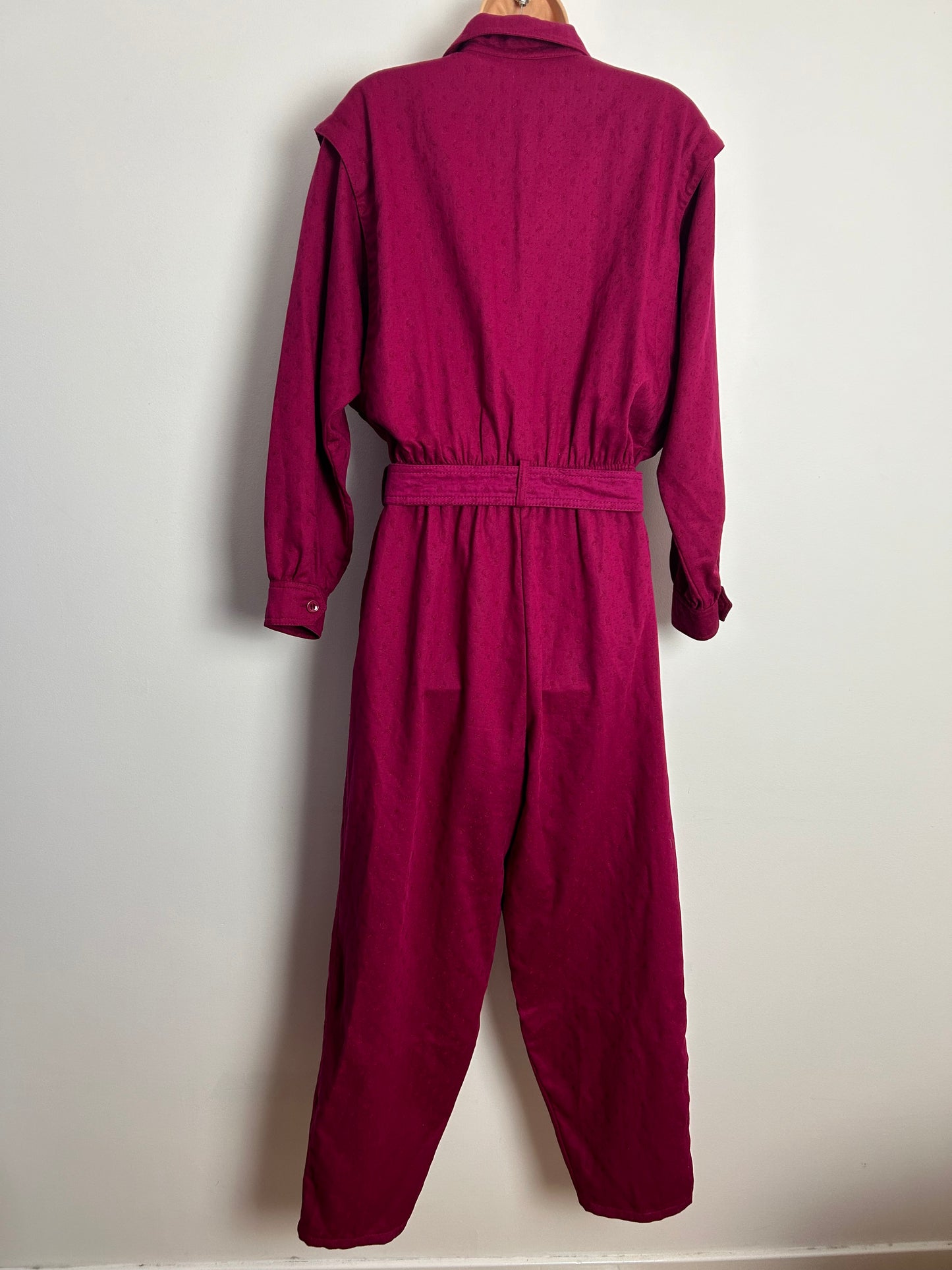 Vintage 1980s UK Size 10-12 Magenta Pink Cotton Long Sleeve Belted Jumpsuit