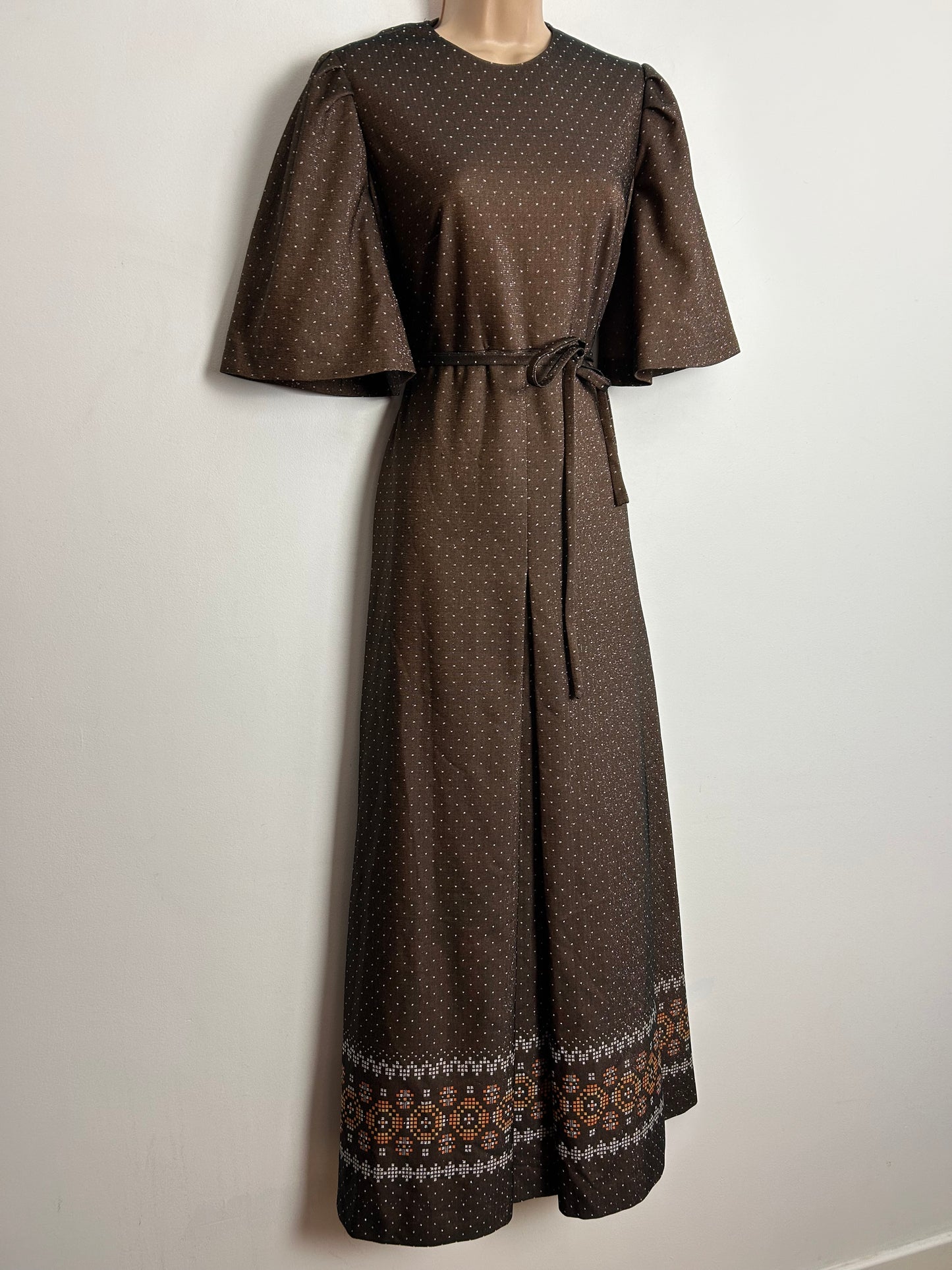 Vintage 1970s RICHARD BAKER UK Size 8 Brown & Silver & Polka Dot & Geo Pattern Lurex Maxi Dress