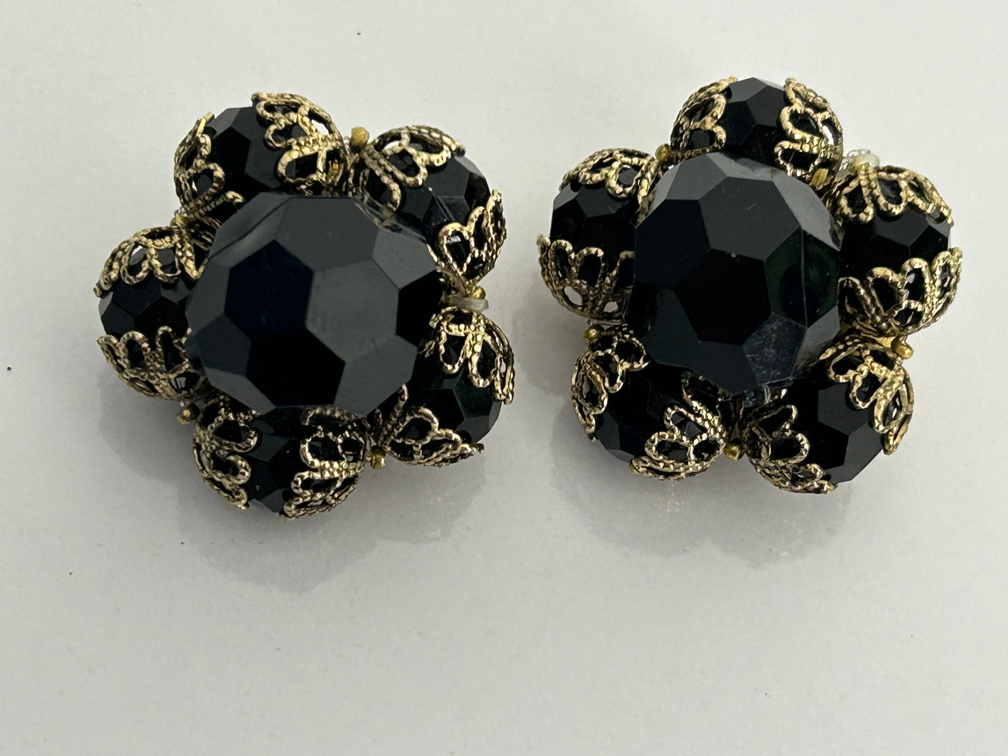 Vintage 1960s Chunky Black & Gold Flower Shaped Clip On Earrings