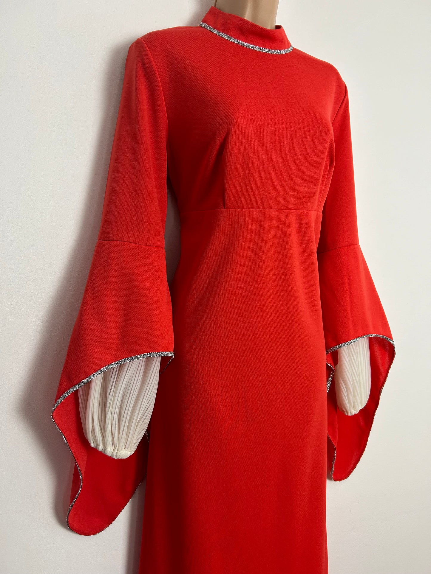 Vintage 1970s HENRIQUES OF LONDON UK Size 14 Orangey Red Long Double Sleeve Prairie Boho Occasion Maxi Dress