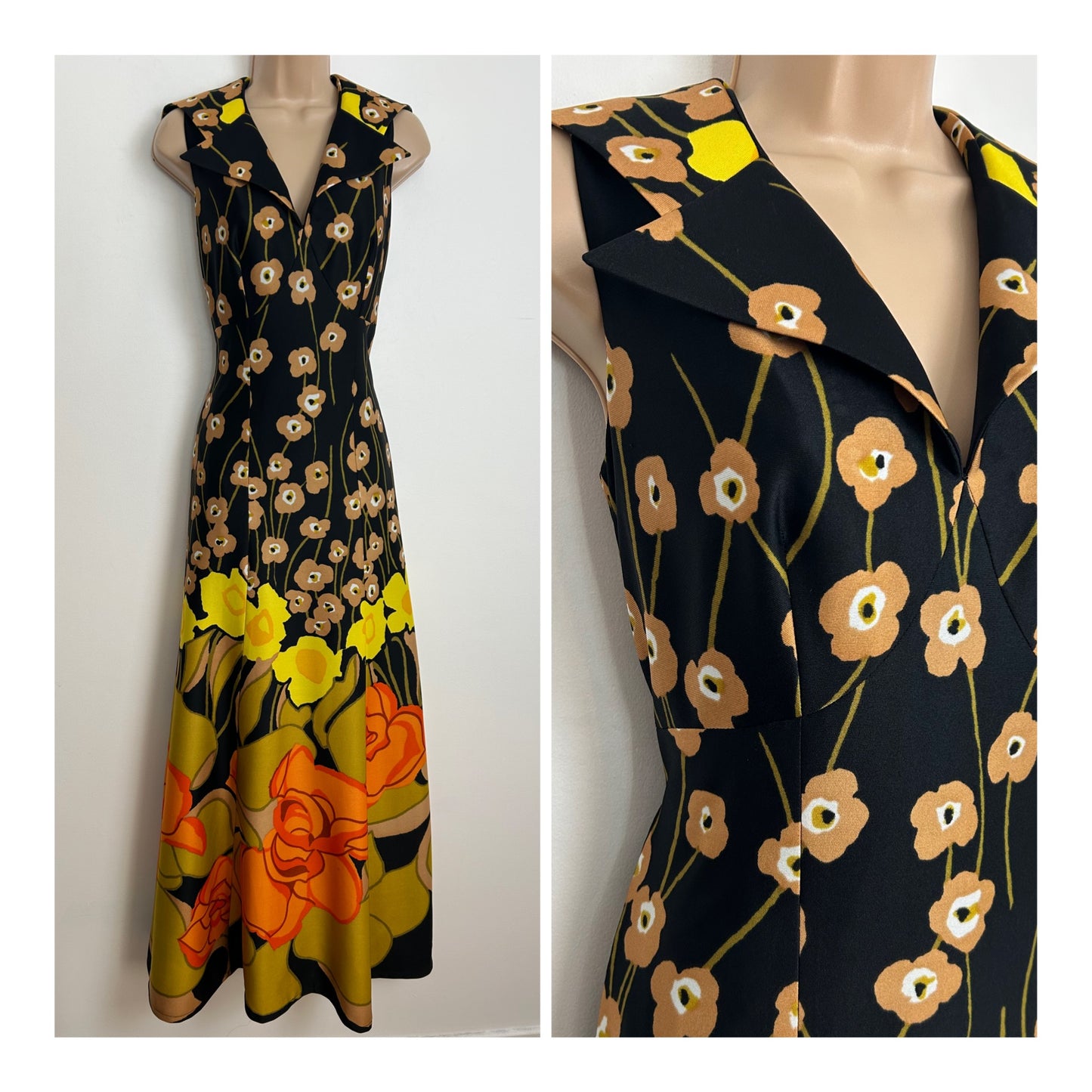 Vintage 1970s MODELE DE PARIS Size 8-10 Black Beige Yellow & Orange Floral Print Wide Collared Sleeveless Maxi Dress
