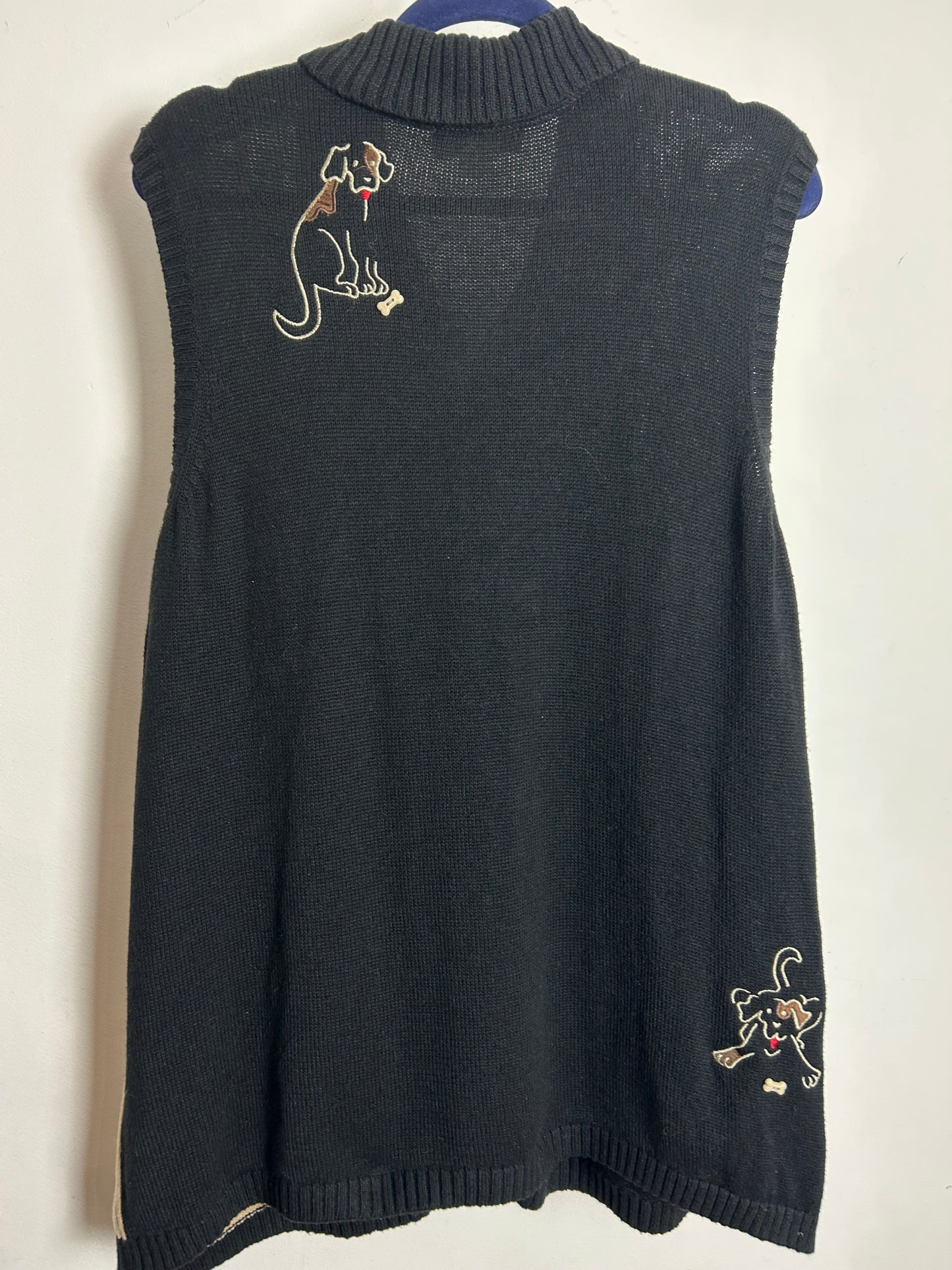 Vintage Y2K CJ BANKS Size 16/18 Black & Beige Cotton Mix Embroidered Dog Pattern Novelty Sleeveless Cardigan