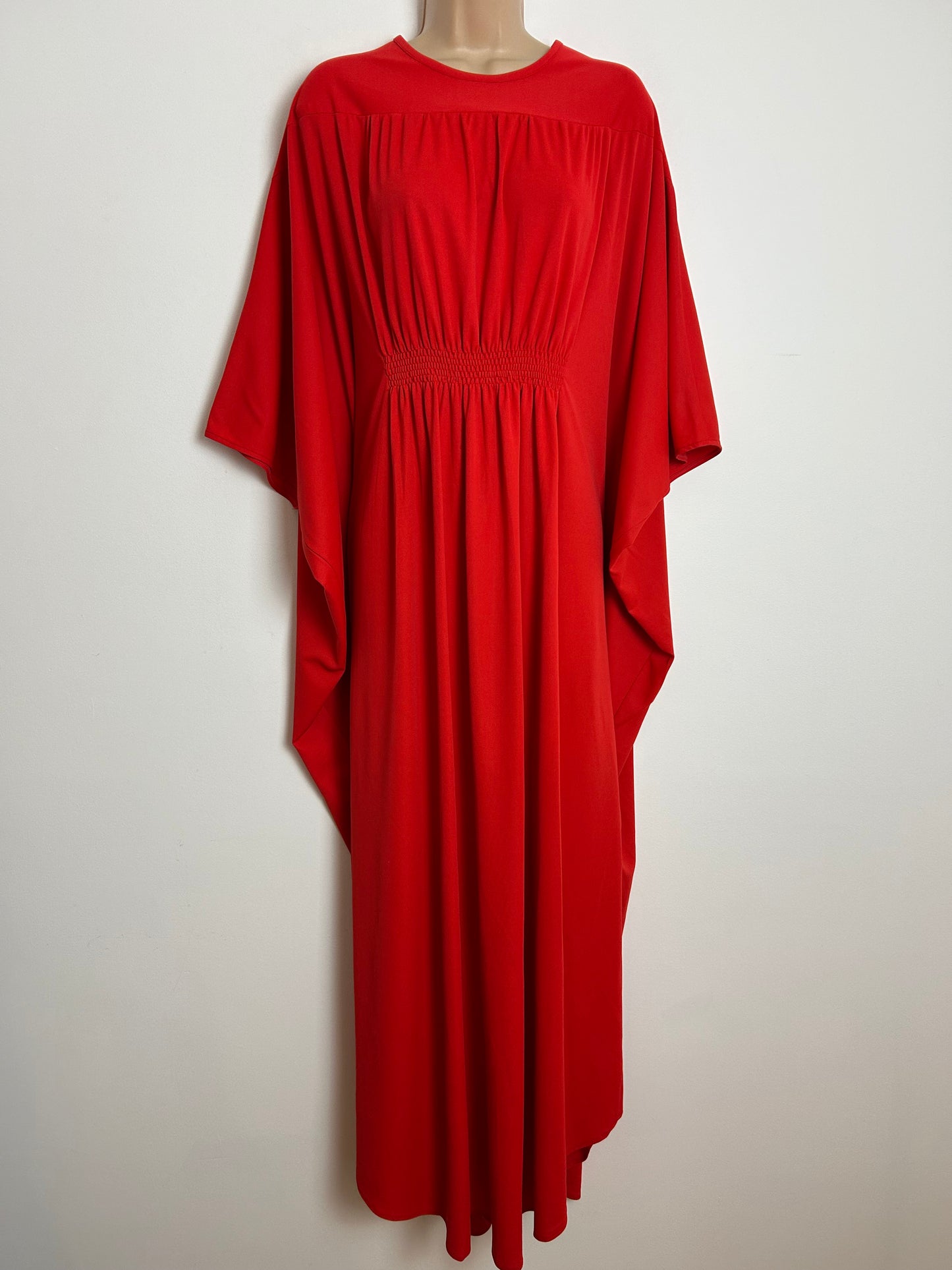 Vintage 1970s EVANS One Size Red Shirred Waist Detail Wide Sleeve Kaftan Maxi Dress