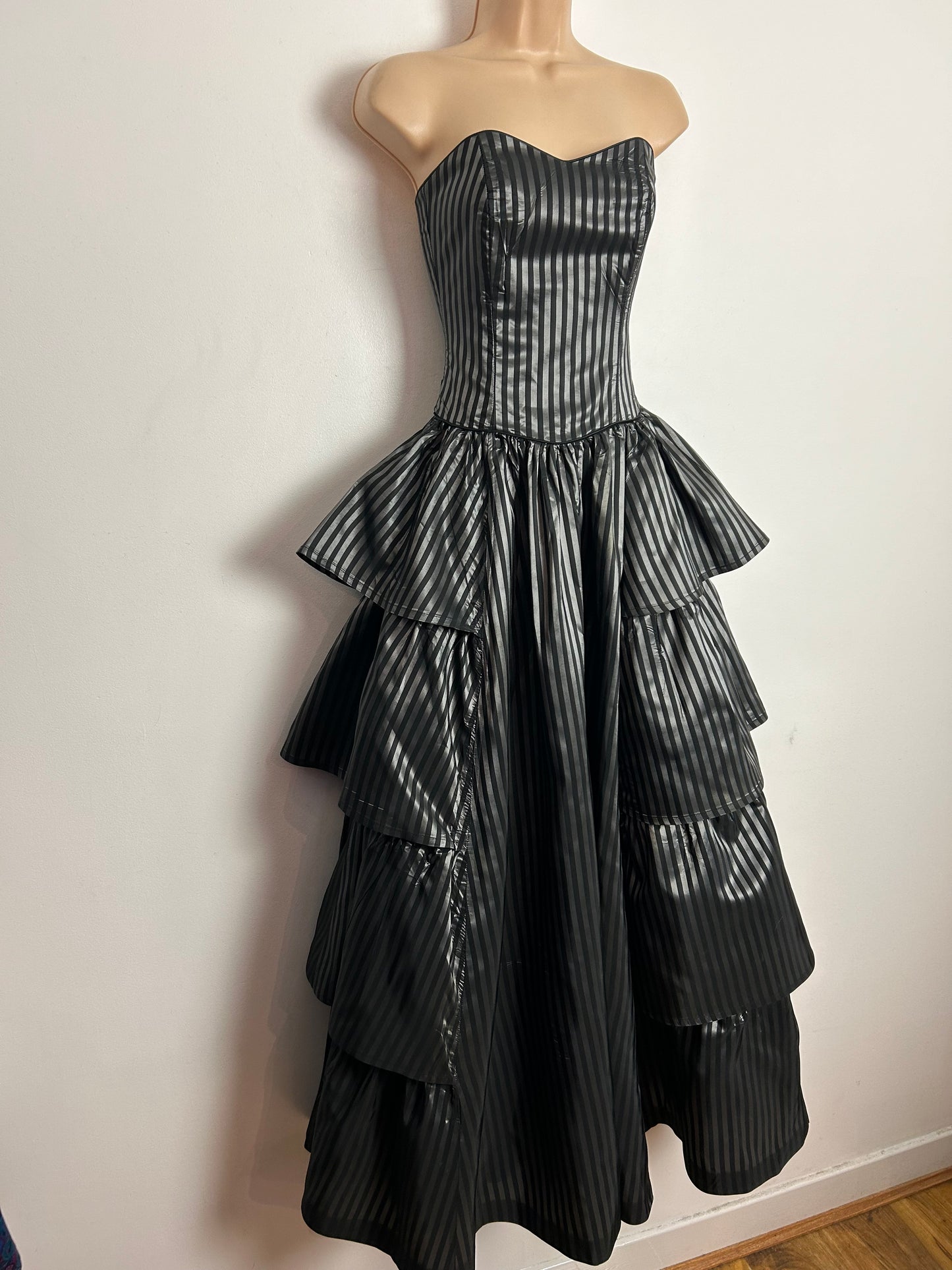 Vintage 80s LAURA ASHLEY UK Size 6-8 (Size 10 On Label) Strapless Black & Dark Silver Stripe Tiered Full Length Ballgown