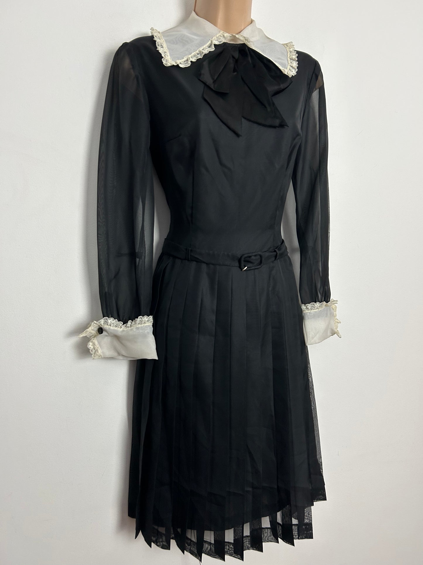Vintage Early 1970s UK Size 8-10 Black & White Collar & Cuffs Lace Trim Belted Pleated Dress