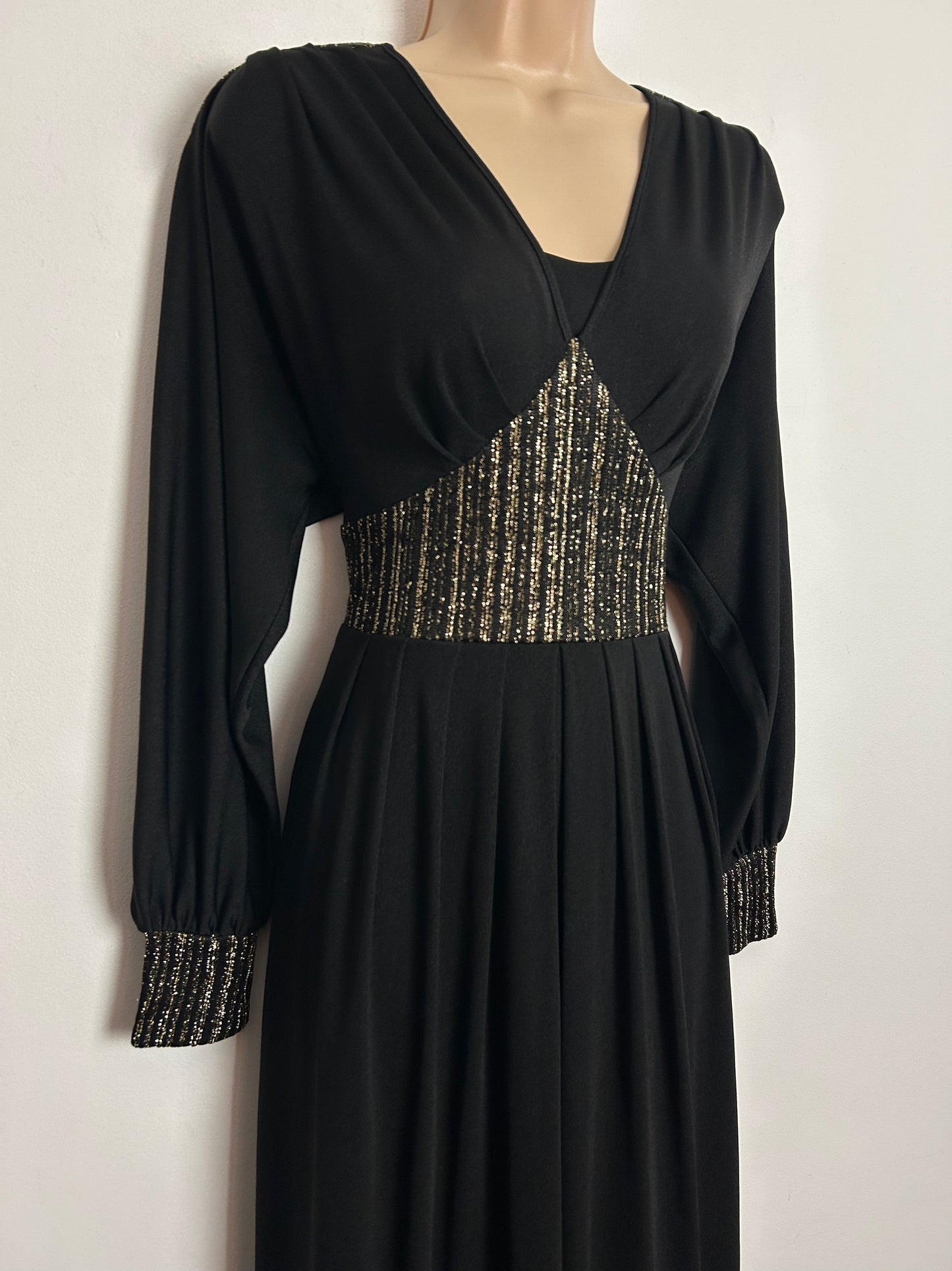 Vintage Early 1980s E&M AUGUSTAT UK Size 10 Black & Metallic Gold Pleated Evening Maxi Dress