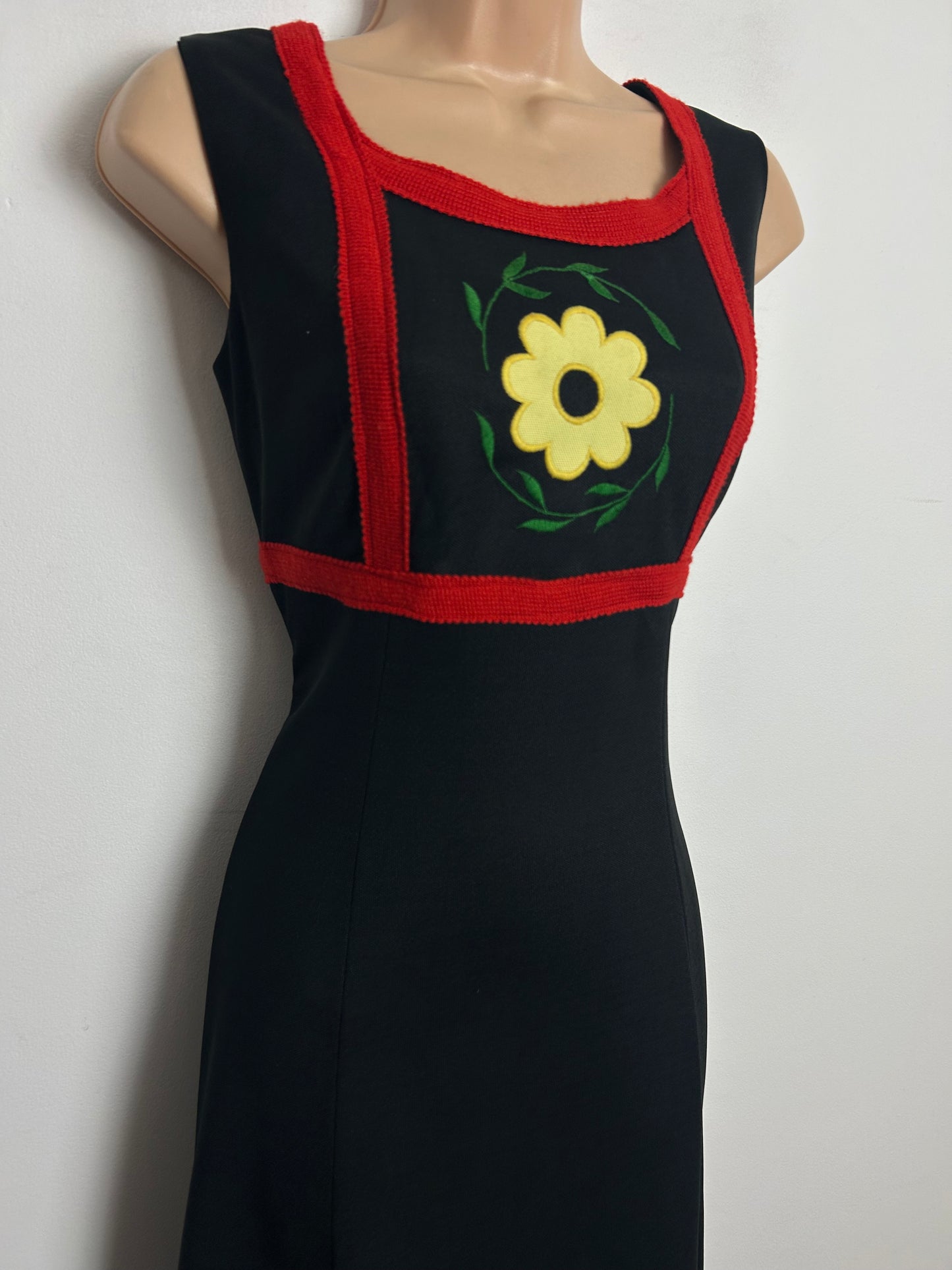 Vintage 1970s Size 8 Black Flower Applique & Red Braid Trim Sleeveless Maxi Dress