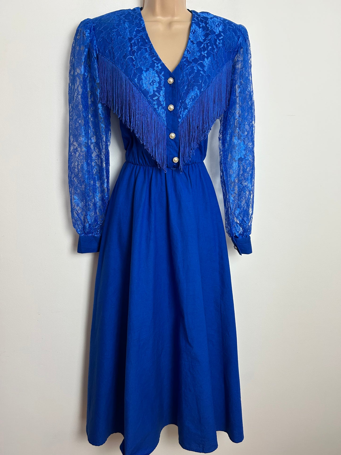 Vintage 1980s LILIA SMITTY Size 8 (US 3/4) Electric Blue Lace & Fringing Trim Western Dress