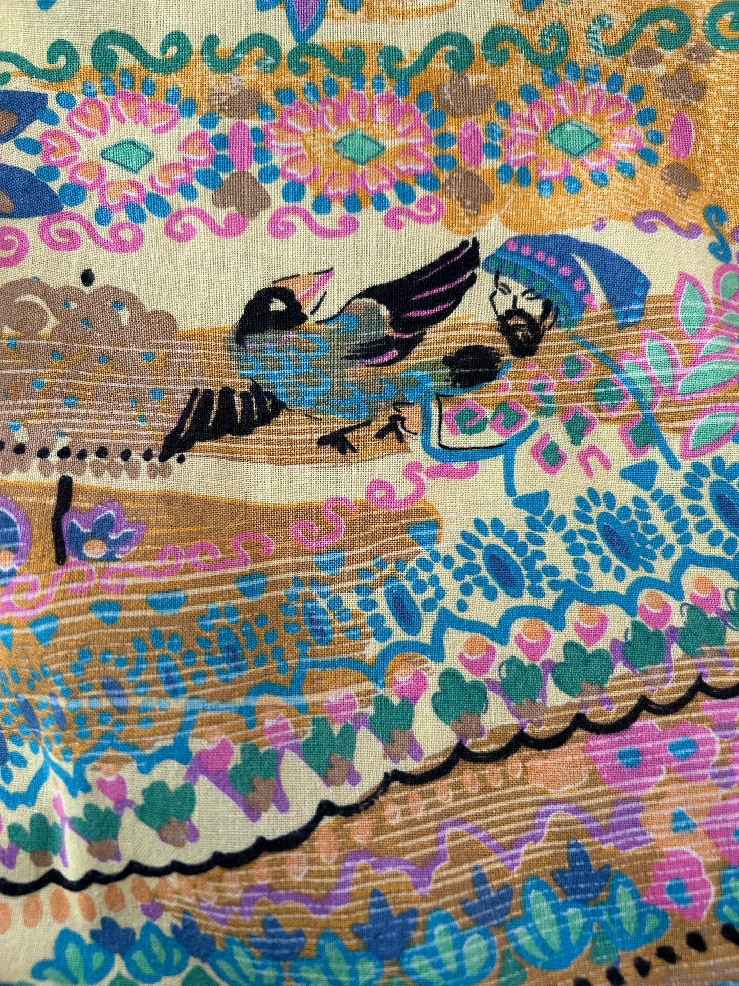 Vintage Late 1970s/Early 80s DURA Size 12 Beige Blue Pink Green & Orange Novelty Print Secret Garden Print Cotton Dress