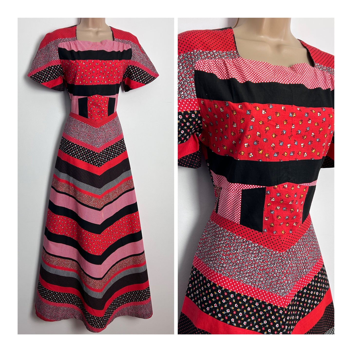 Vintage 1970s UK Size 4-6 Cute Red Black & White Patchwork Floral Polka Dot Stripe Print Cotton Boho Maxi Dress