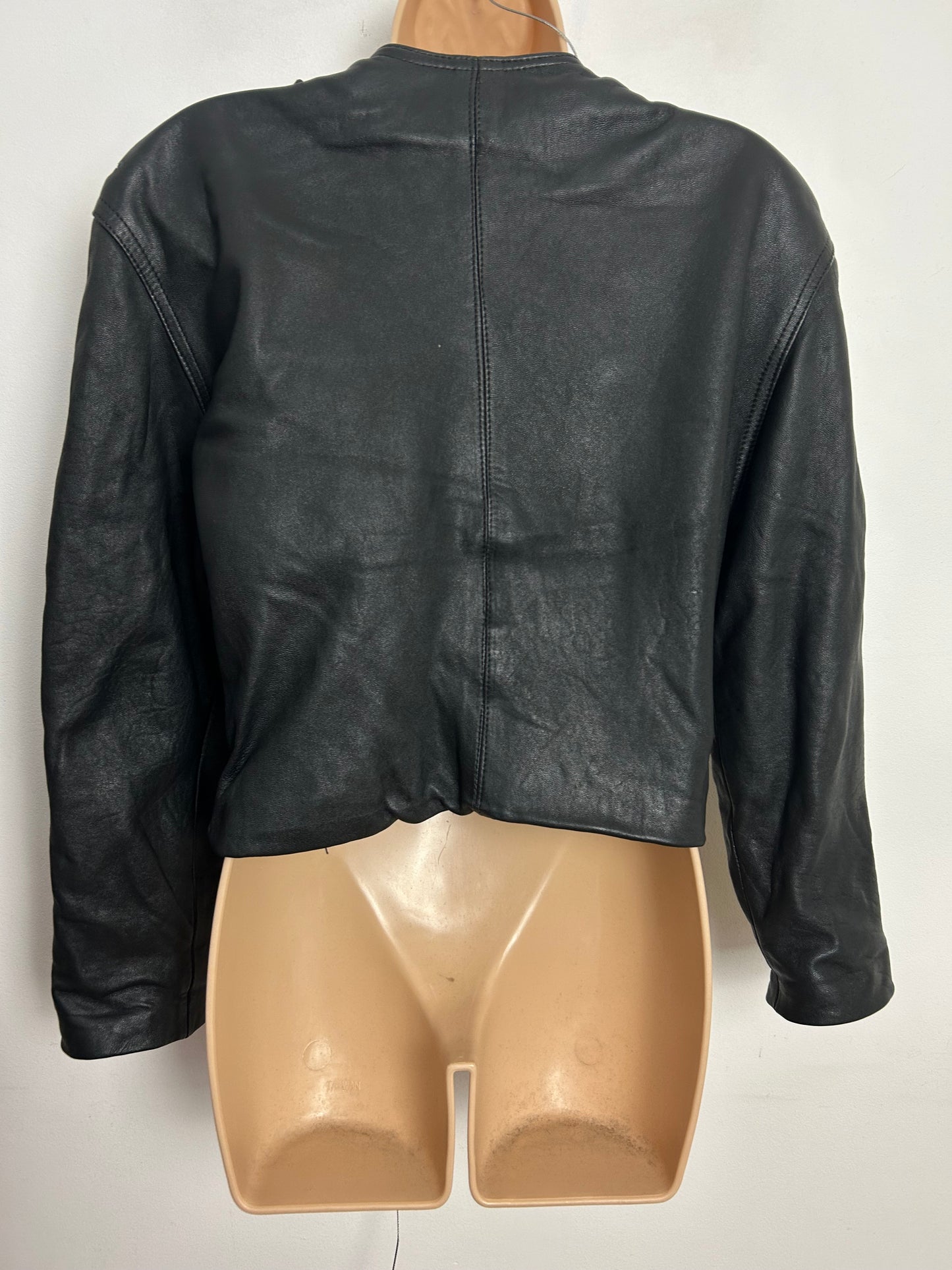 Vintage 1980s UK Size S (10) Black Military Style Open Fronted Button Detail Cropped Leather Jacket
