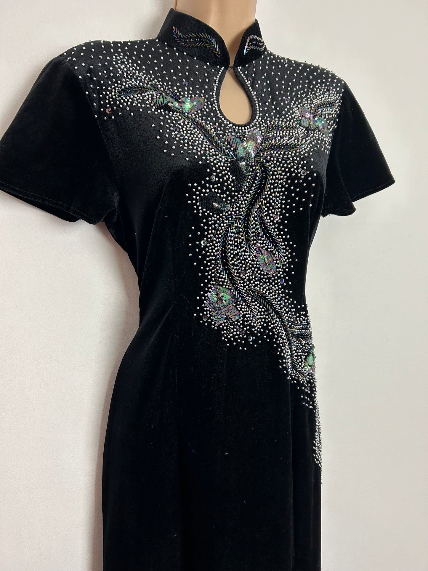 Vintage 1980s UK Size 10-12 Black Velvety Velour Bead & Sequin Embellished Evening Dress