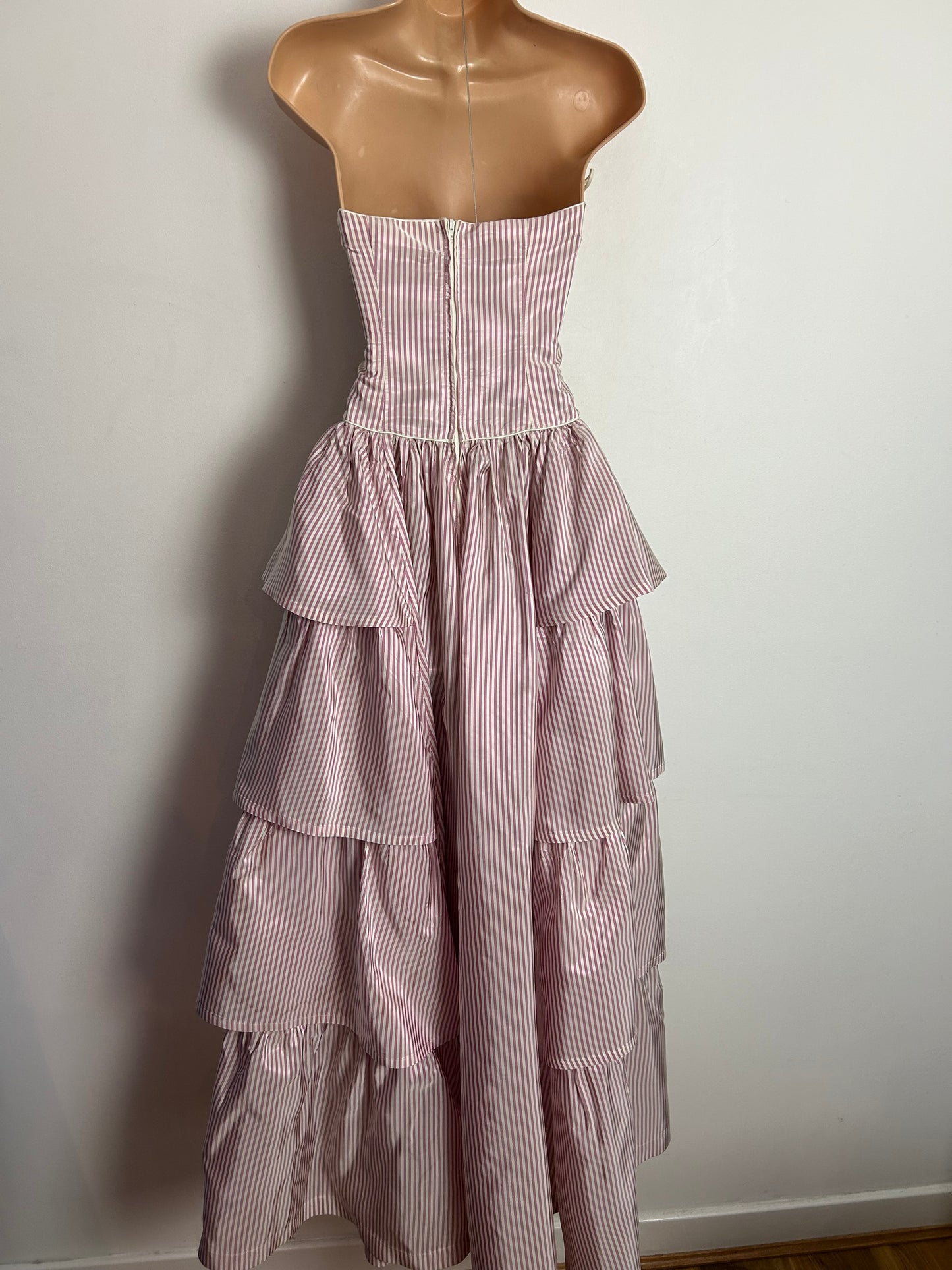 Vintage 80s LAURA ASHLEY UK Size 8 (Size 12 On Label) Strapless Pale Pink & White Stripe Tiered Full Length Ballgown