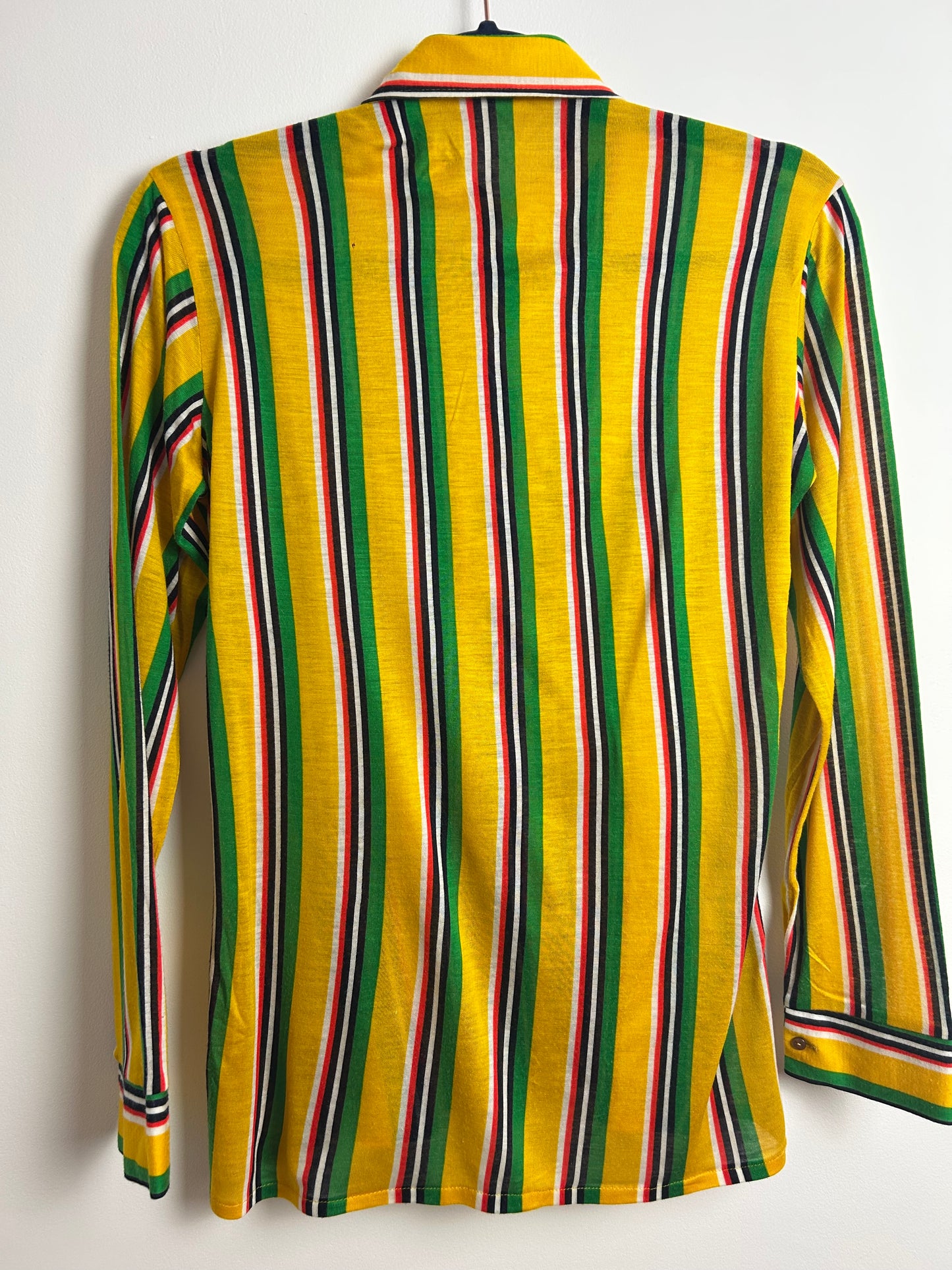 Vintage 1970s Size 8-10 Yellow Green White & Red Stripe Print Long Sleeve Shirt