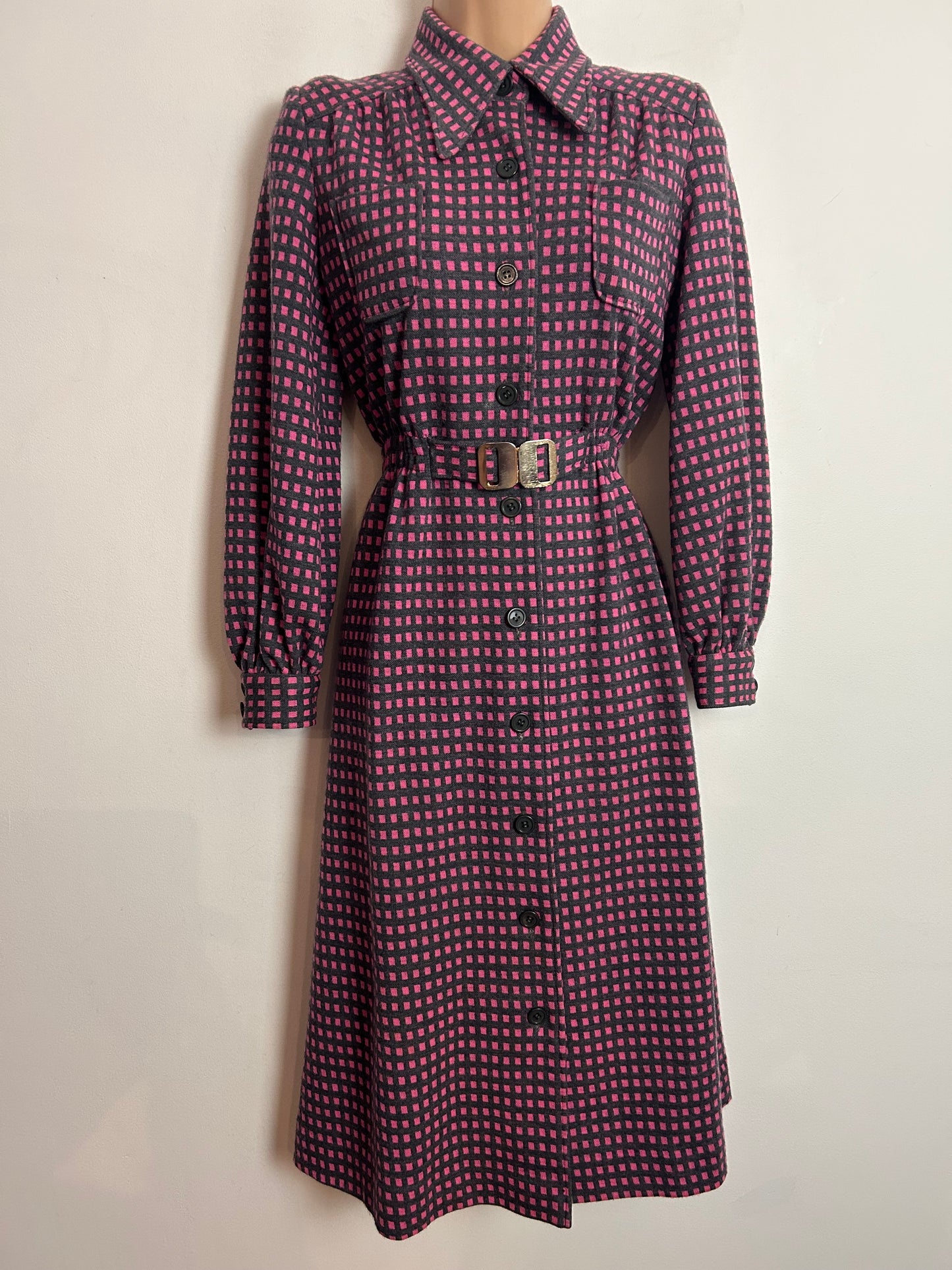 Vintage 1970s UK Size 12 Grey & Pink Check Wool Mix Buckle Waist Long Sleeve Day Dress