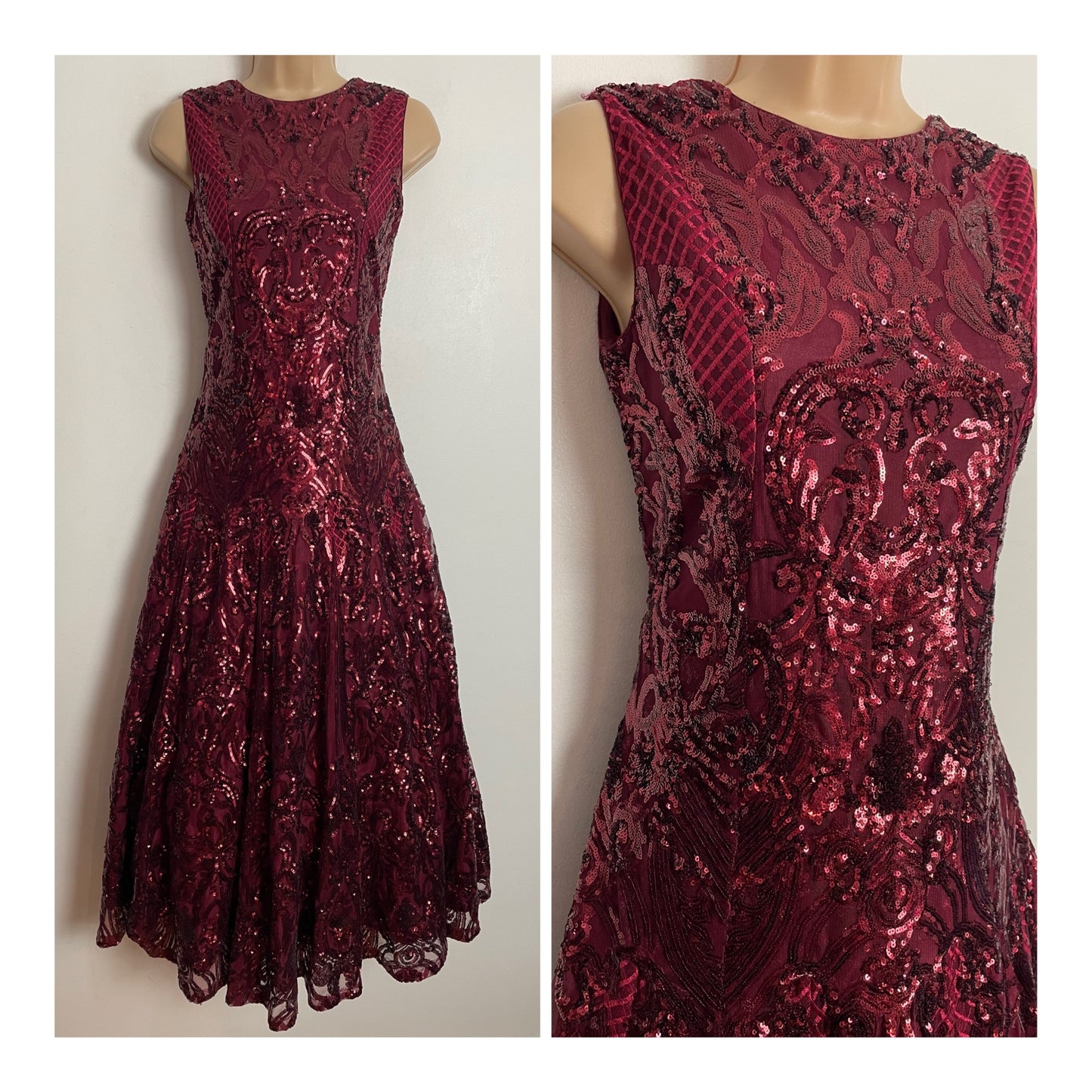 Modern UK Size 8 Beautiful Dark Red Sequin Embellished Xmas Party Occasion Evening Dress