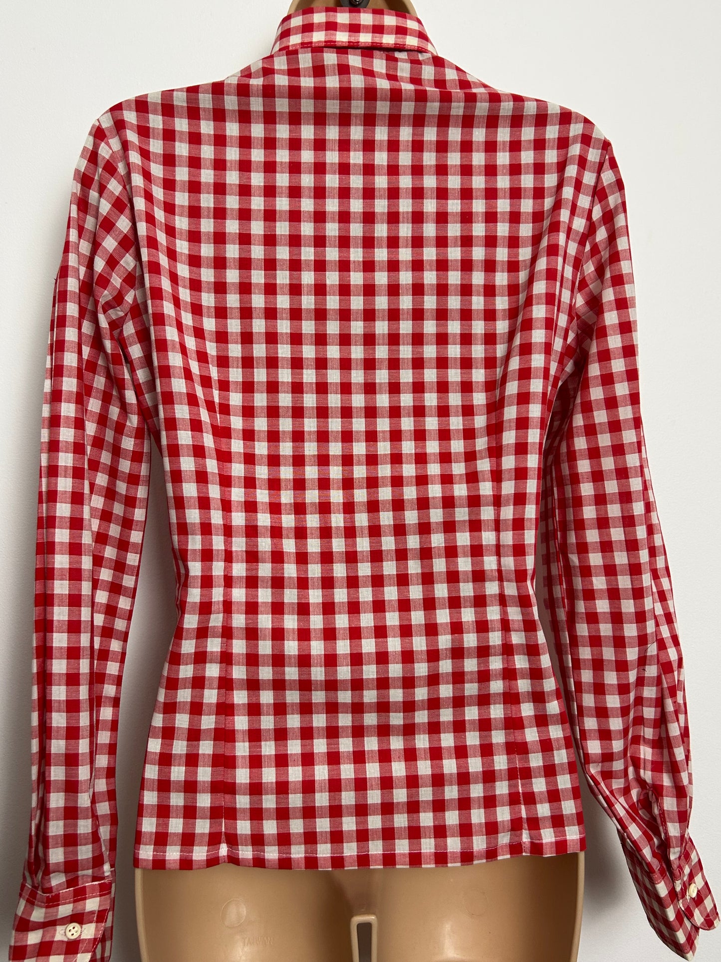 Vintage 1970s Size 12 Red & White Gingham Check Dagger Collar Cotton Shirt