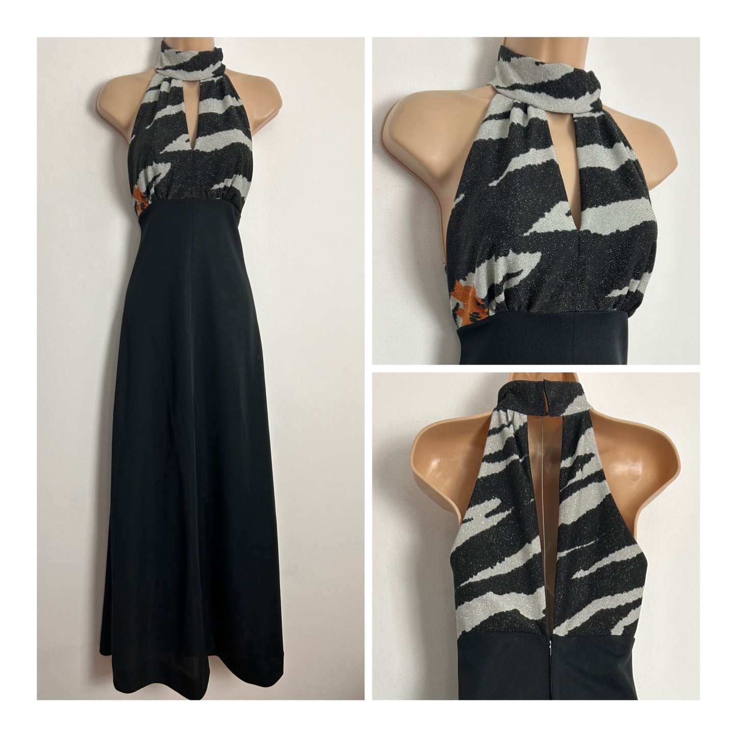 Vintage 1970s MORTIMER UK Size 8-10 Black & Silver Zebra Stripe Lurex Bodice Halter Neck Cut Out Occasion Maxi Dress