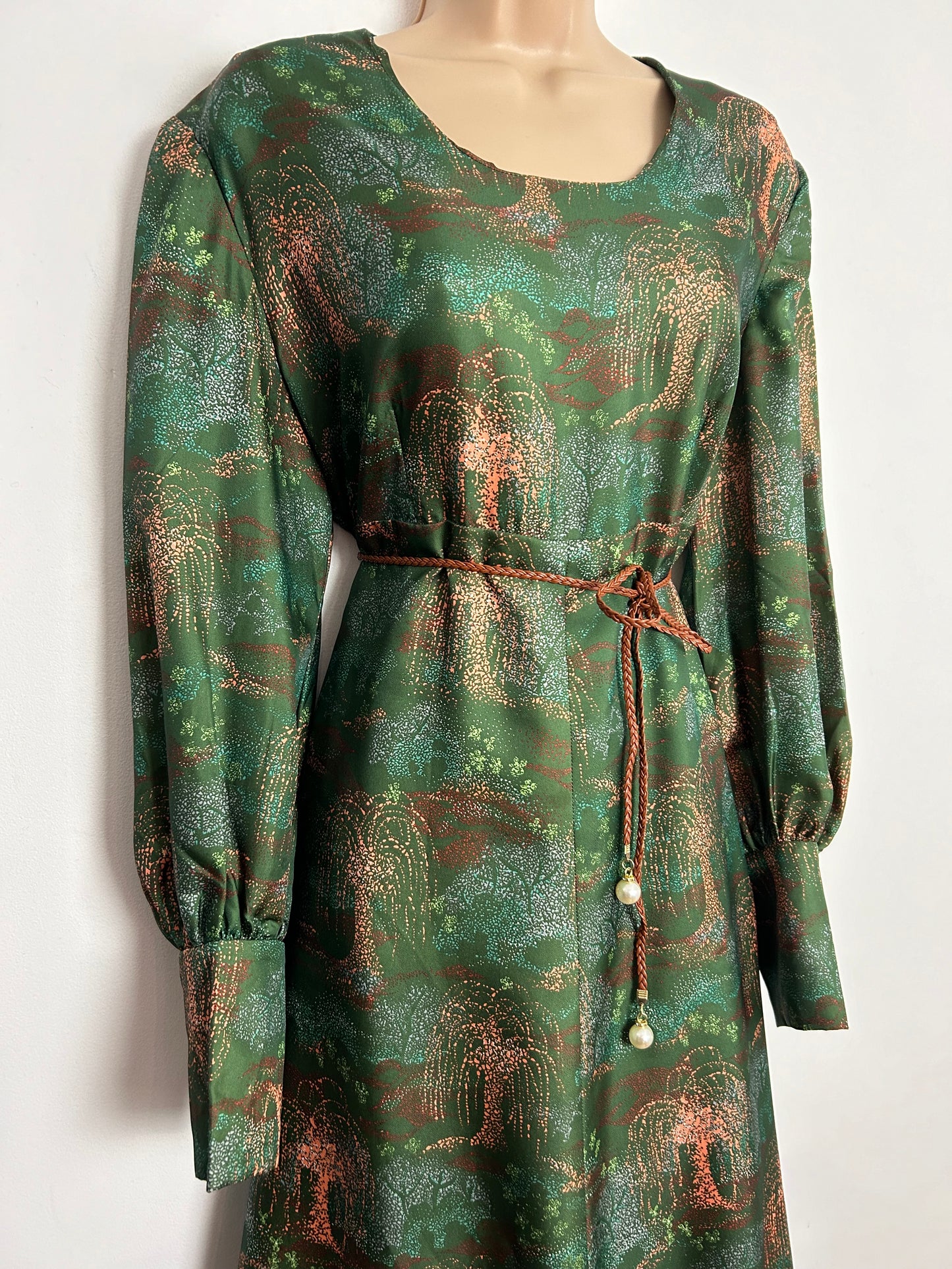 Vintage 1970s UK Size 16 Green & Coral Weeping Willow Tree Print Long Sleeve Boho Maxi Dress