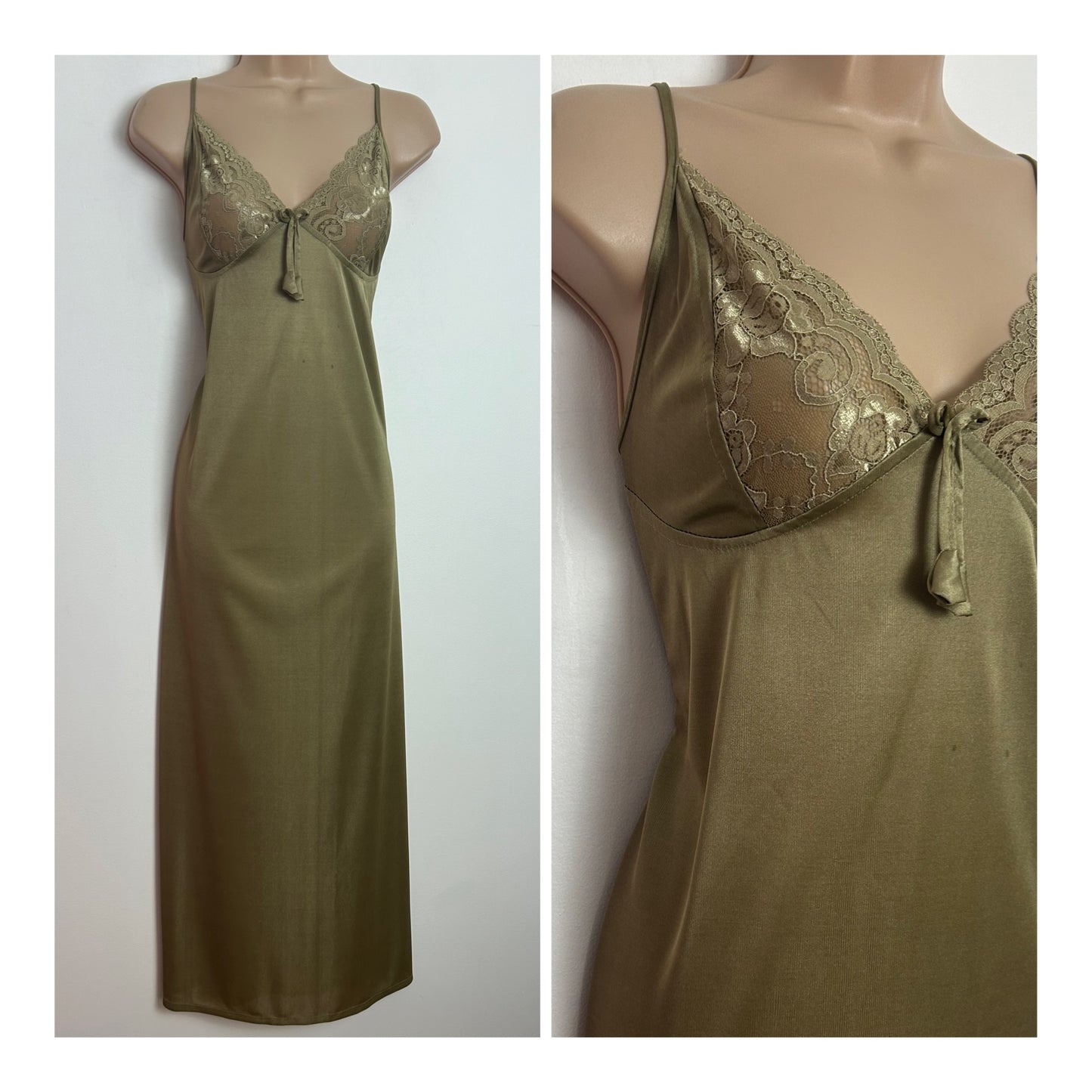 Vintage 1980s Size 10 Olive Brown Lace Trim Strappy Full Length Nightie Negligee Slip