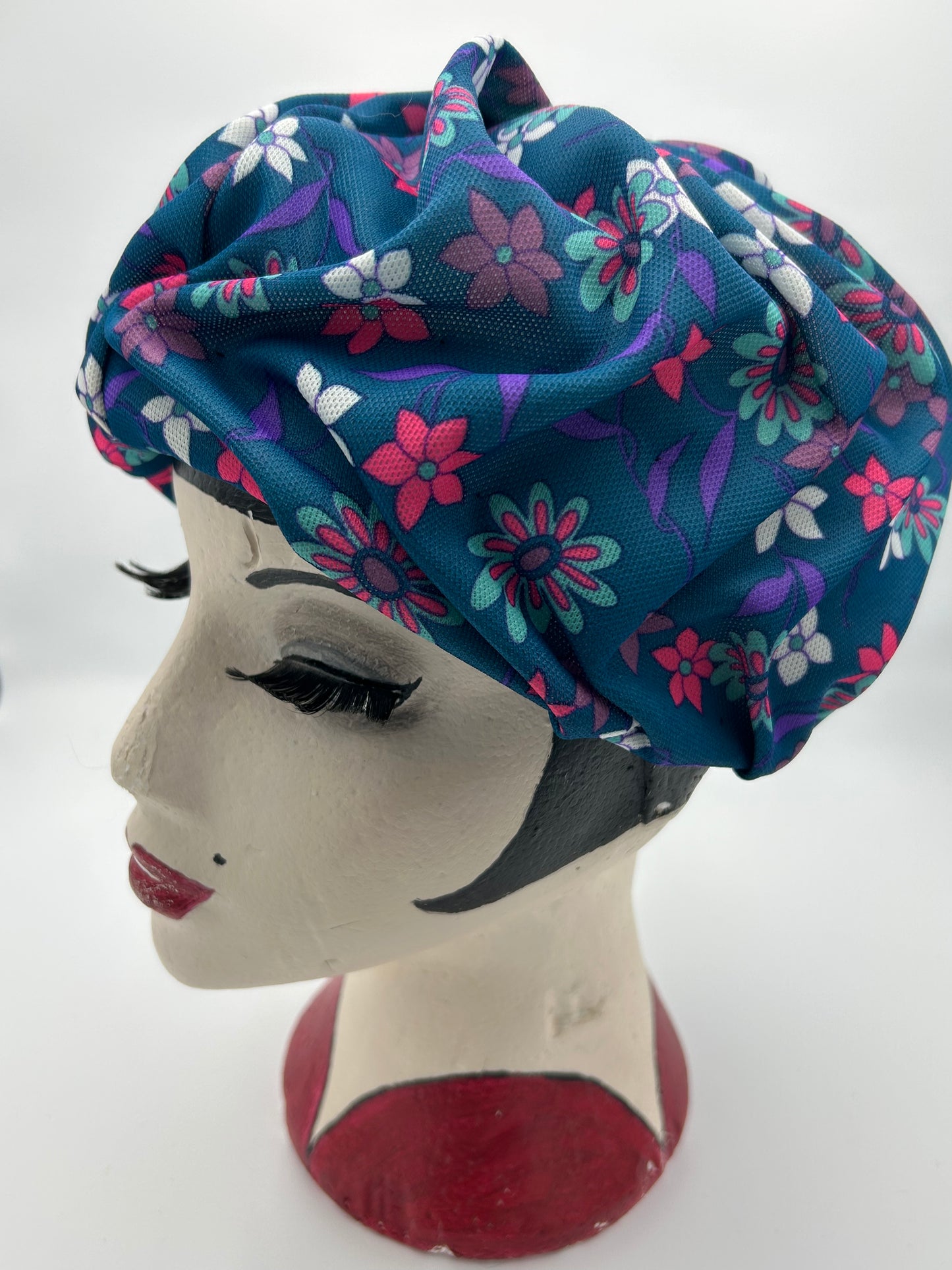 Vintage 1960s Petrol Blue Pink & Purple Floral Print Pleated Turban Style Pill Box Hat