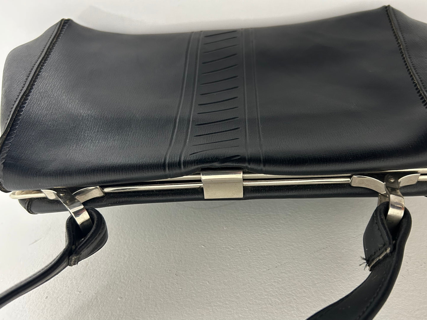 Vintage 1950s Small Black Faux Leather Silver Tone Kelly Style Handbag