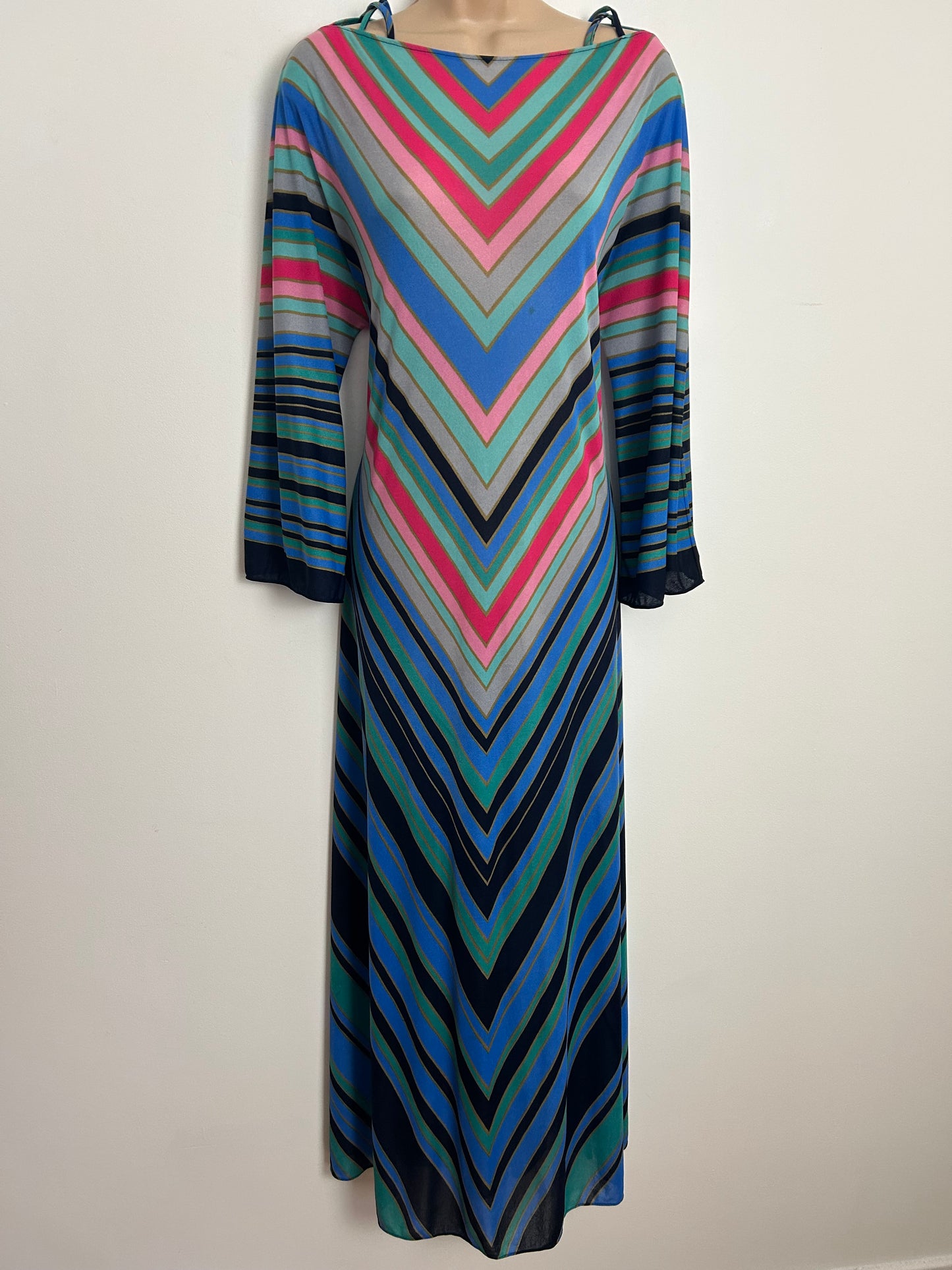 Vintage 1970s POMPADOUR Up To Size 12 Blue Pink Mint Green Chevron Stripe 3/4 Sleeve Criss Cross Strap Kaftan Style Maxi Dress