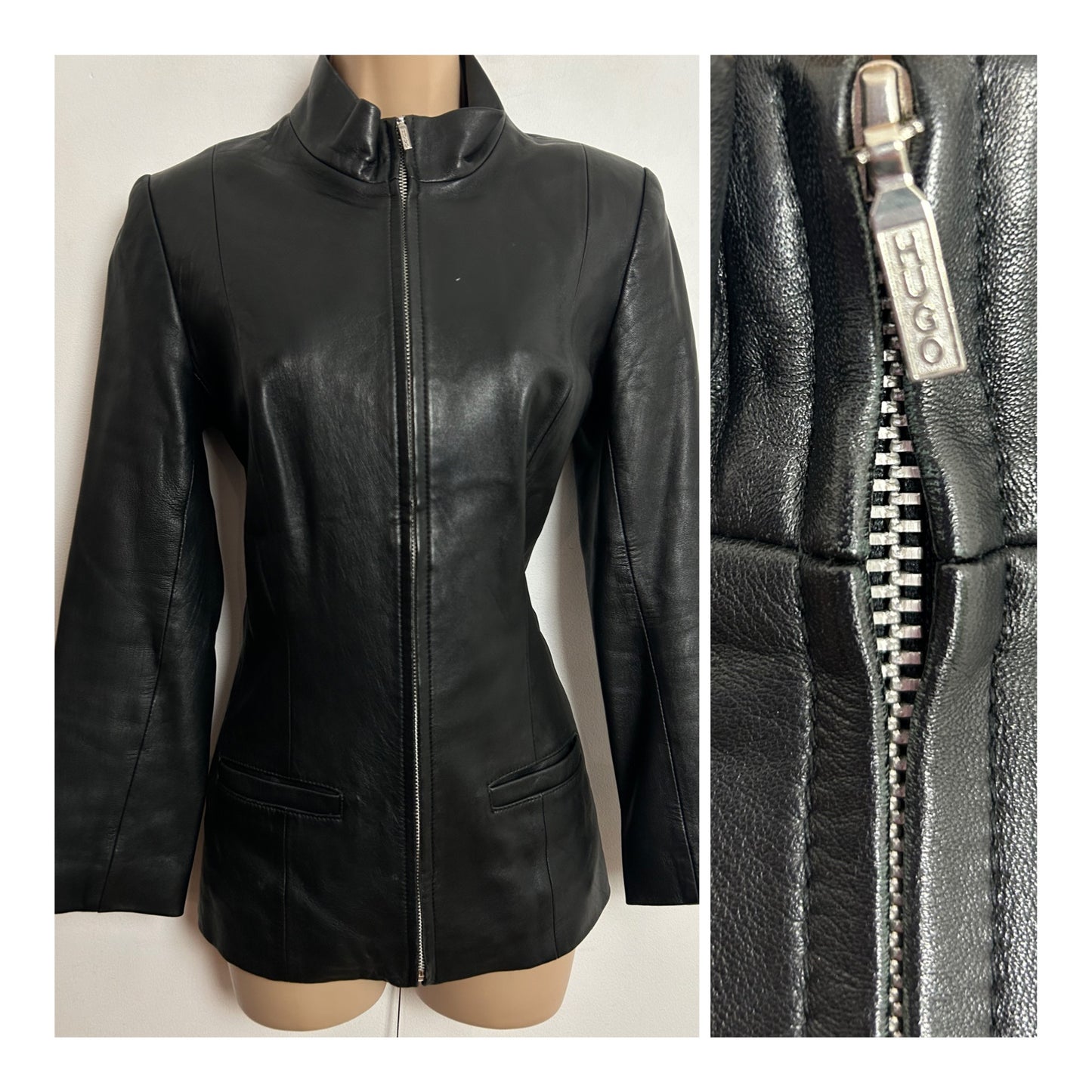 Vintage 1990s UK Size 8-10 "HUGO" Black Leather Zip Fronted Long Sleeve Jacket