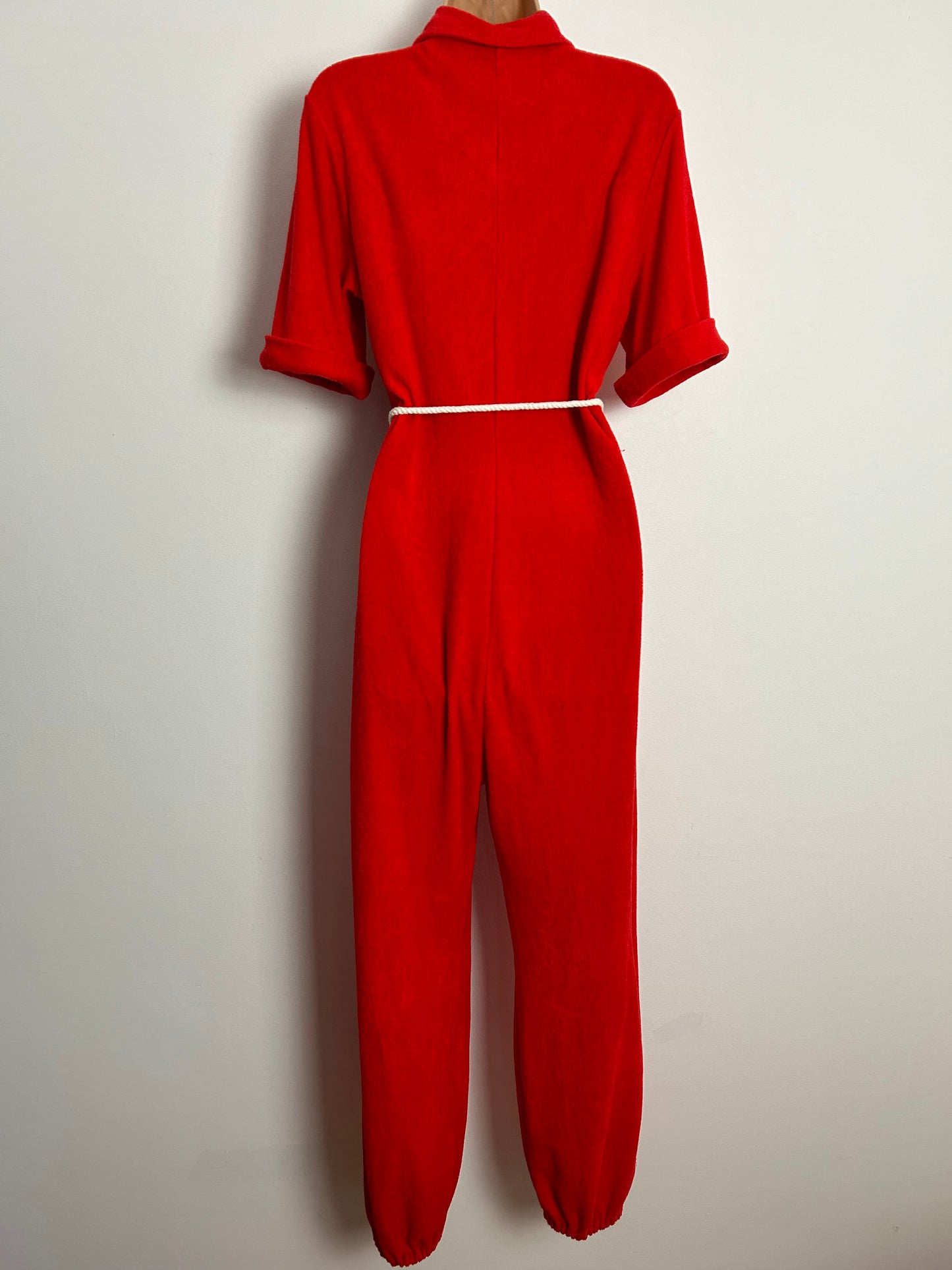 Vintage 1970s JER-SEA OF SWEDEN UK Size 12-14 Red Soft Towelling Belted Pocket Detail Zip Fronted Cuffed Ankle Jumpsuit