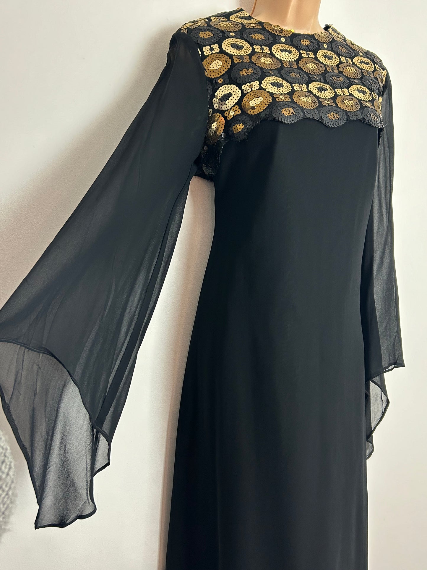 Vintage 1960s FRANK USHER UK Size 10 Black Chiffon Occasion Maxi Dress With Gold Bronze & Pewter Sequin Detailing