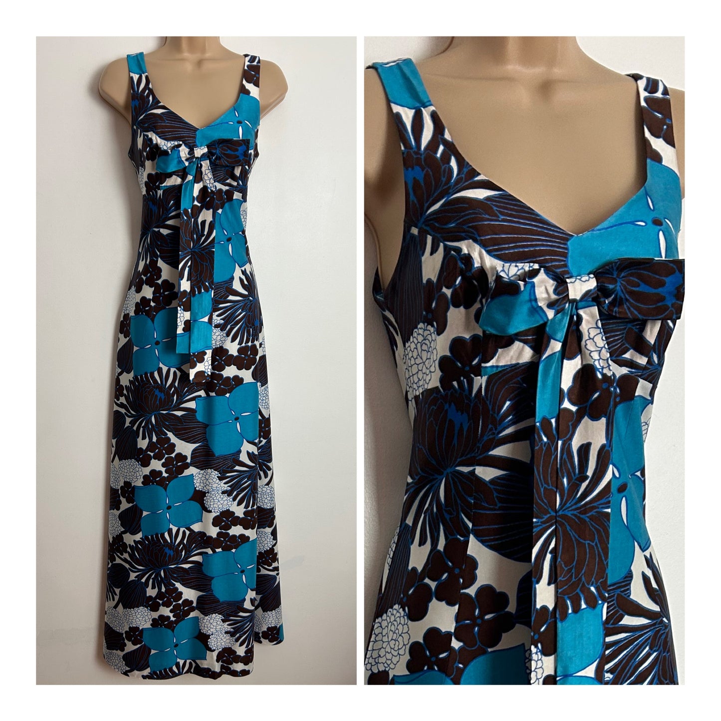 Vintage 1970s MISS JEANIE UK Size 6-8 Brown White & Dark Turquoise Floral Print Bow Detail Maxi Dress