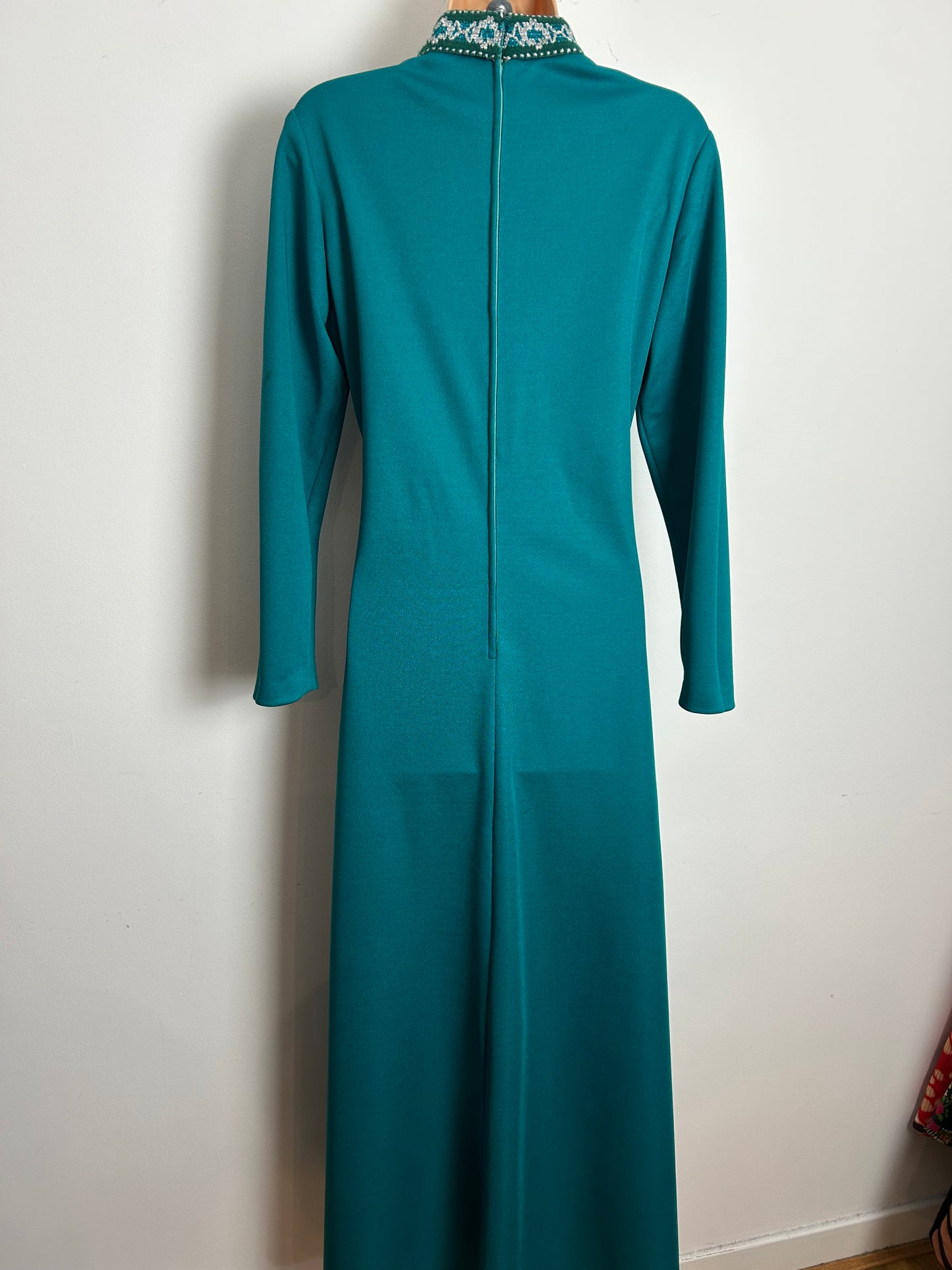 Vintage Late 1960s CARNEGIE Size 12- 14 Teal Green & Metallic Silver Braid Trim Long Sleeve Occasion Evening Maxi Dress