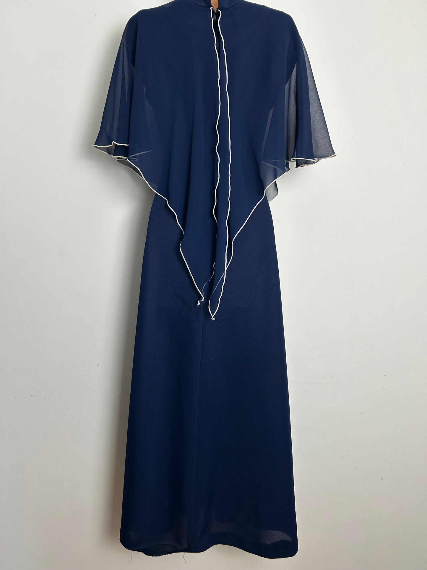 Vintage 1970s Size 10 Navy Blue Capelet Cape Sleeve Layered Boho Maxi Dress